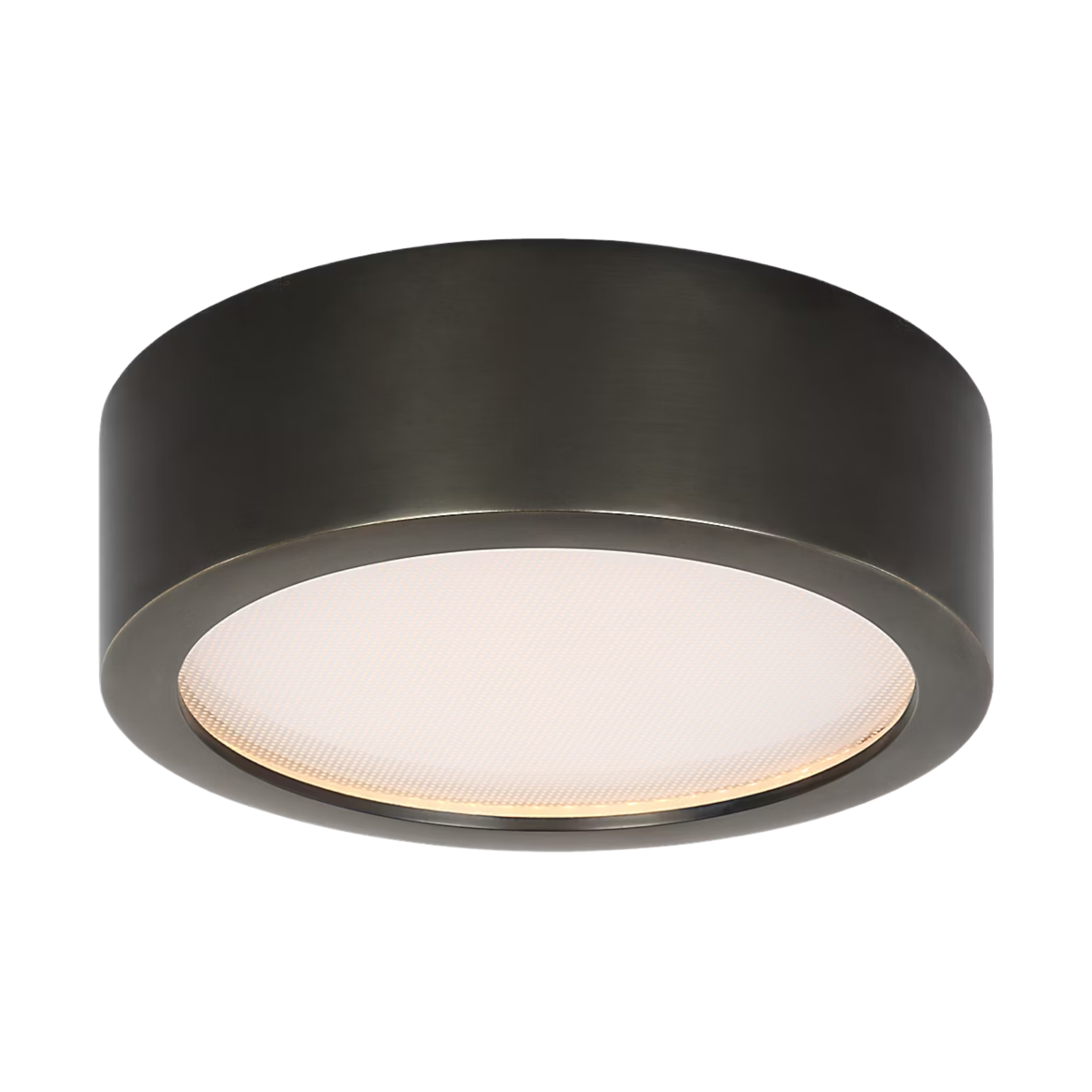 Angled view of Cerne Mini Bronze flush mount showing its low-profile round design and illuminated acrylic diffuser.