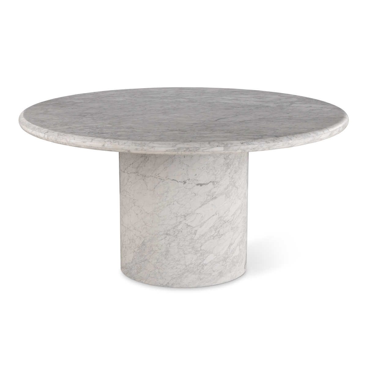Aldo Dining Table shown from the front in white Arabescato marble, with a round honed top, softly rounded edge, and solid cylindrical pedestal base.