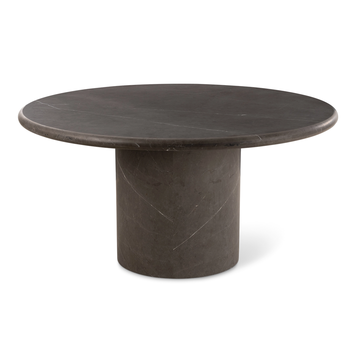 Aldo Dining Table shown from the front in warm gray Petra Grey marble, with a round honed top, softly rounded edge, and solid cylindrical pedestal.