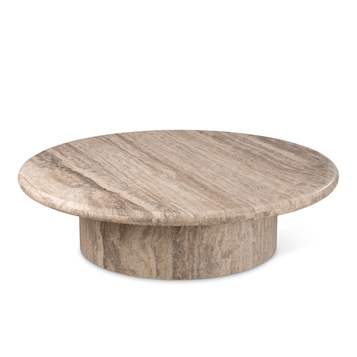 Aldo Coffee Table shown from a slightly elevated angle in Taupe travertine, highlighting the wide round top, long vertical veining, and the recessed drum base beneath.