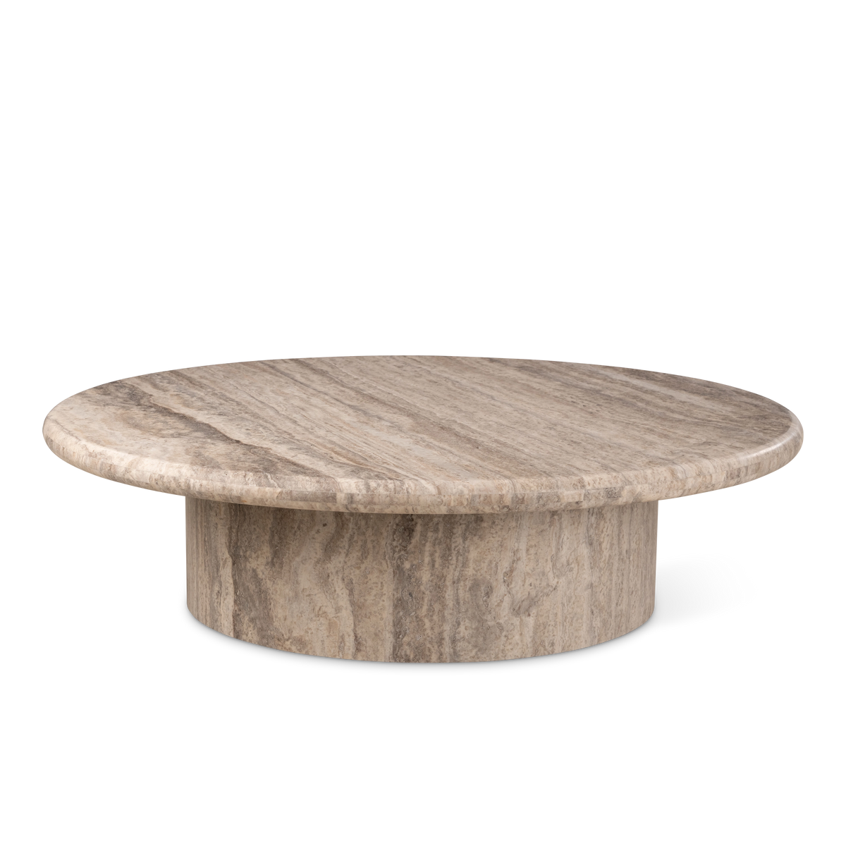 Aldo Coffee Table in Taupe travertine from a lower angle, showing the overhanging top with its rounded edge and the banded stone on the cylindrical base.