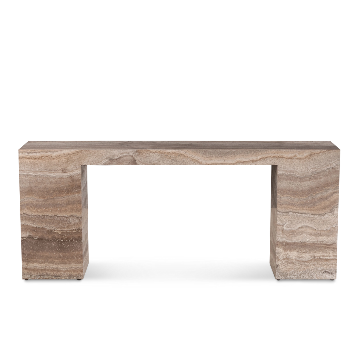 Duvall Console Table shown from the front in Taupe travertine, with the two block legs framing the open center and long veins running across the slab.