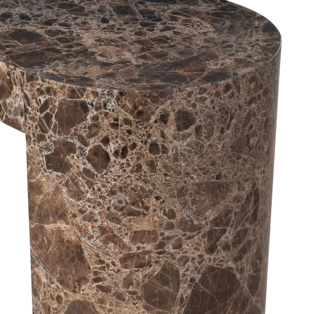 Shift Console Table detail view in chocolate brown Dark Emperador marble, highlighting the rounded end of the top above the curved outer face of a leg.