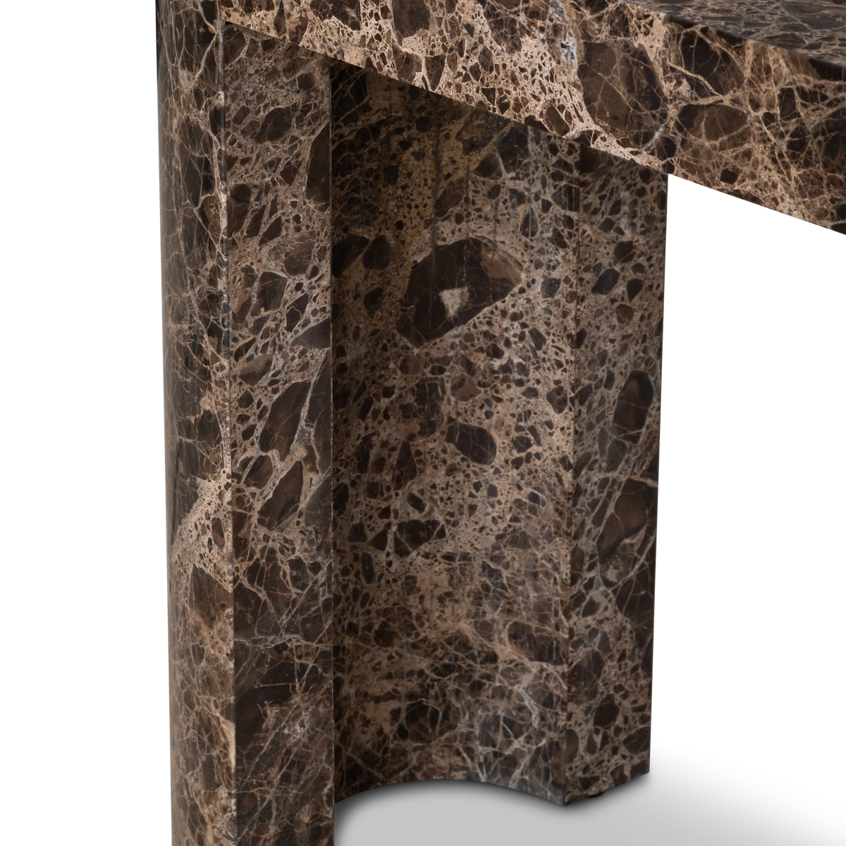 Shift Console Table close-up of a leg in chocolate brown Dark Emperador marble, showing the concave inner channel beneath the apron.