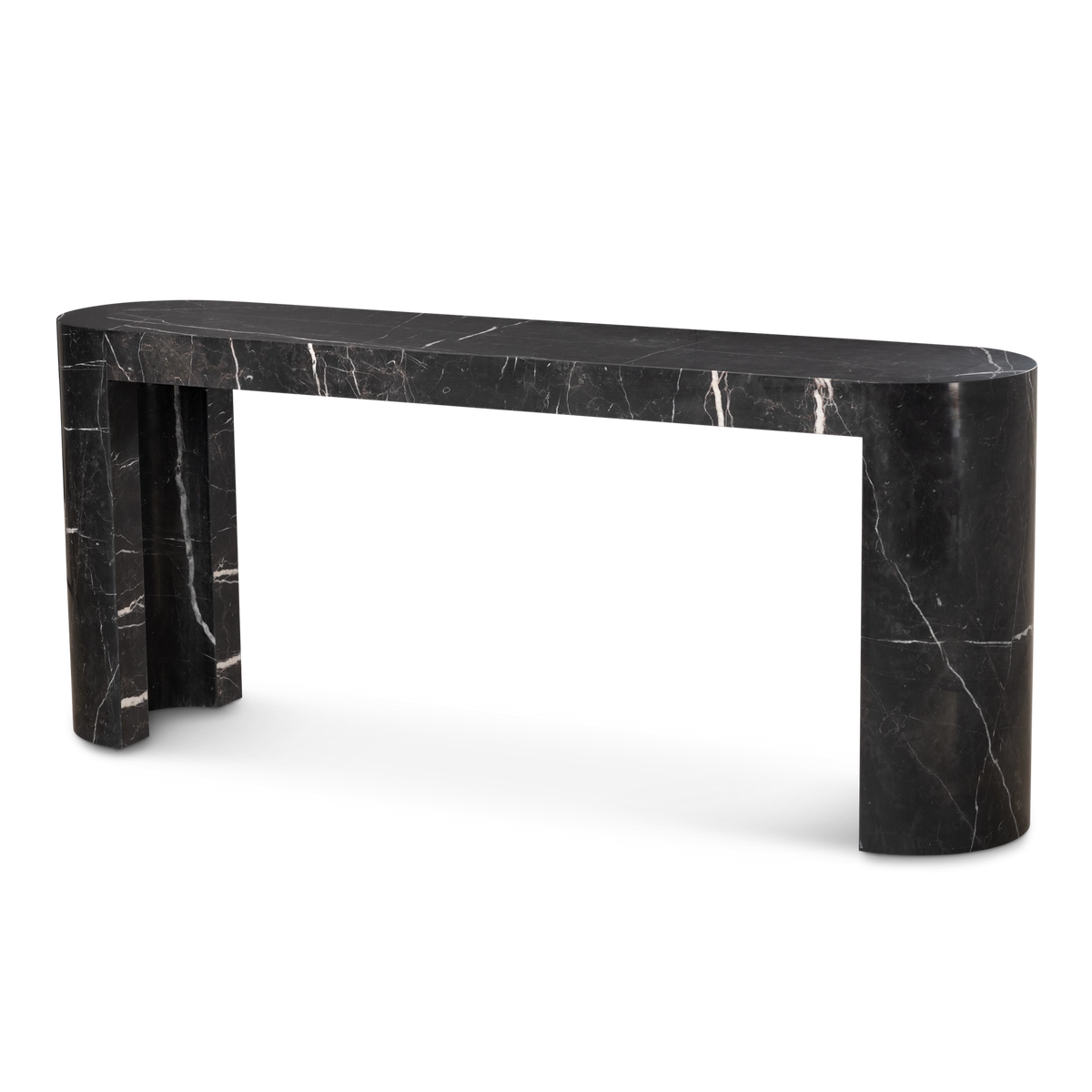 Shift Console Table angled view in black Nero Marquina marble, highlighting the rounded ends and the concave channel cut into each leg.