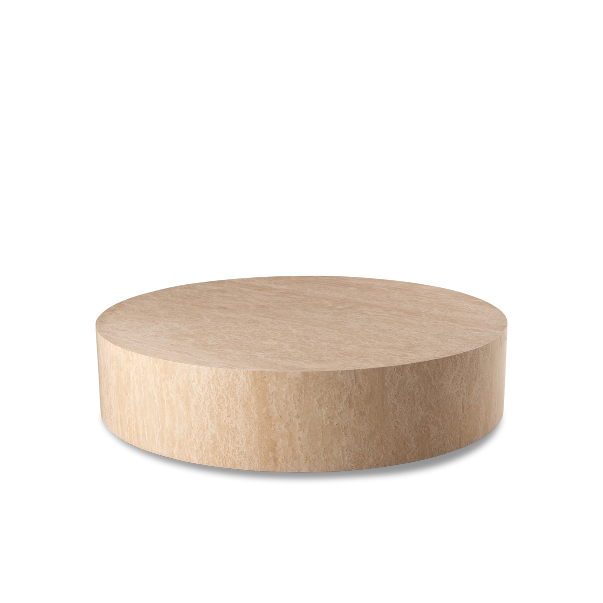 Meta Round Coffee Table shown in an angled view in Warm Beige travertine, highlighting the honed top and the vertical veining running down the curved side.
