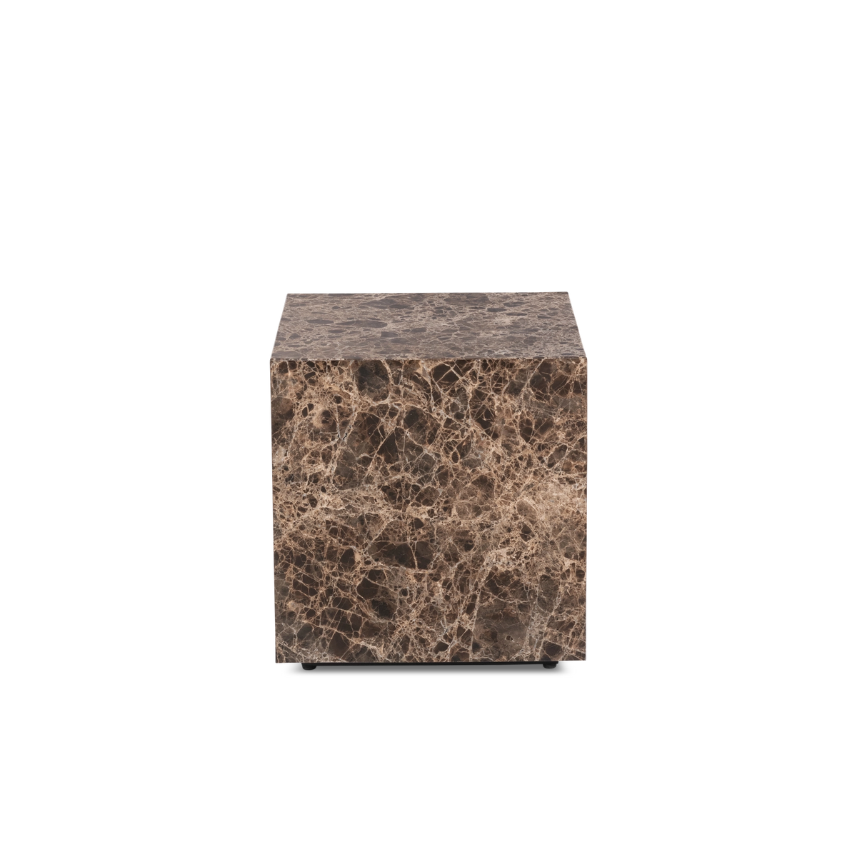 Meta Square Side Table shown from the front in Chocolate Brown Dark Emperador marble, with the dense tan veining across the face and a darker, moodier top.