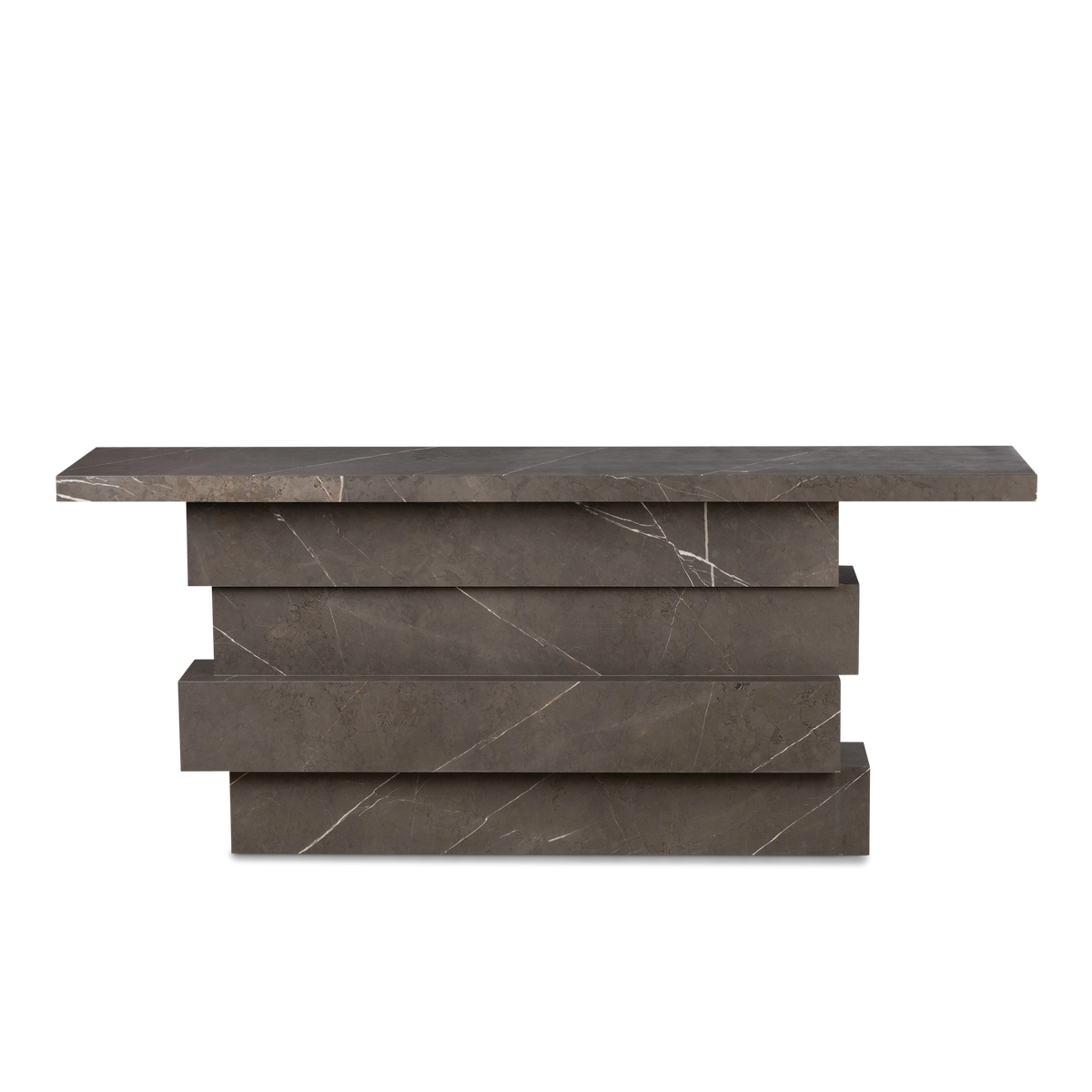 Balance Console Table shown from the front in warm gray Petra Grey marble, with a long slab top over four offset stacked blocks crossed by diagonal white veins.