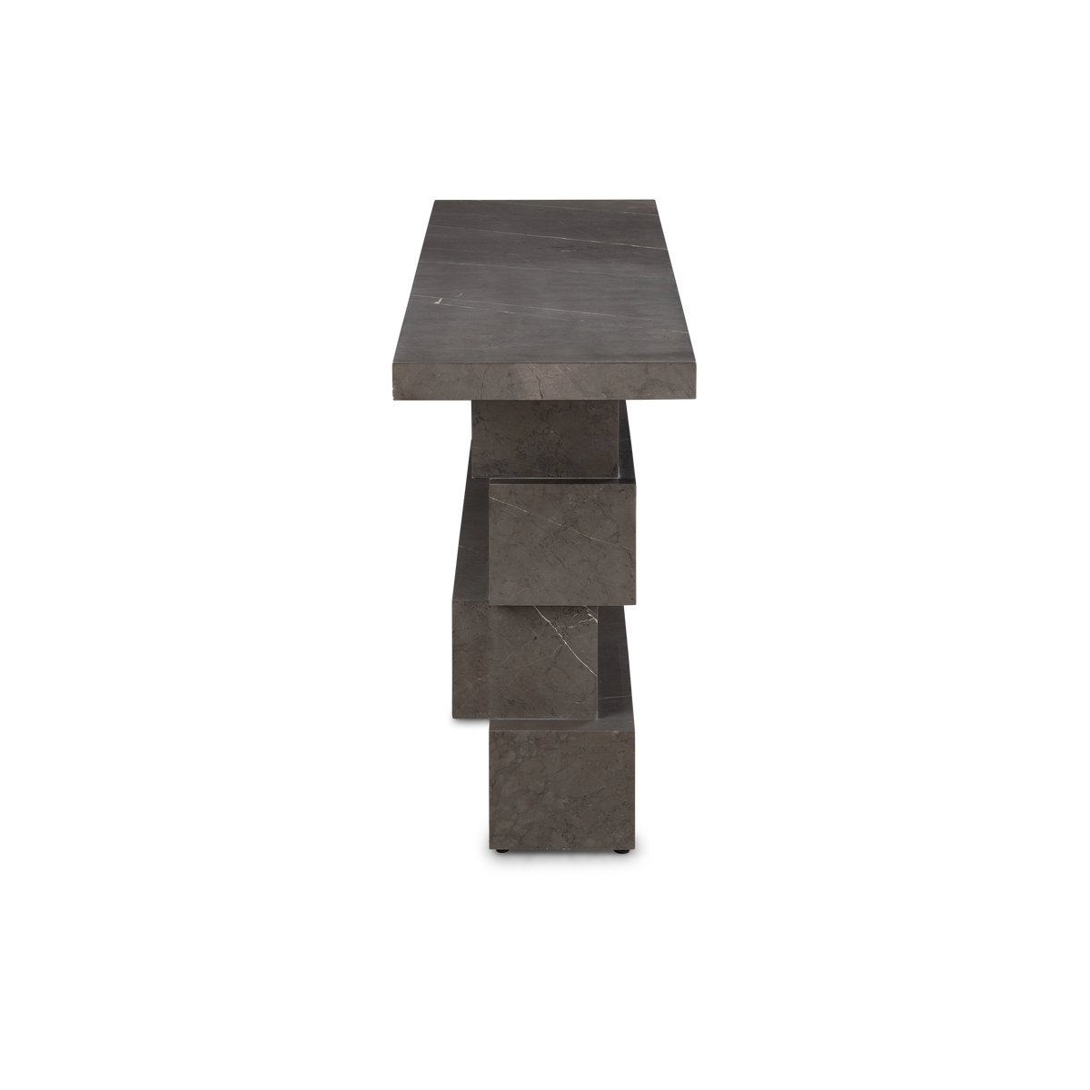 Balance Console Table side profile in warm gray Petra Grey marble, showing the slim top slab and staggered blocks stepping in and out beneath it.