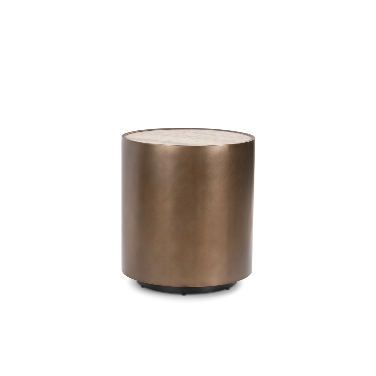 Pedra Round Side Table shown from the front in Aged Bronze, with the smooth steel drum, the inset cream travertine top, and the recessed dark base with small feet.