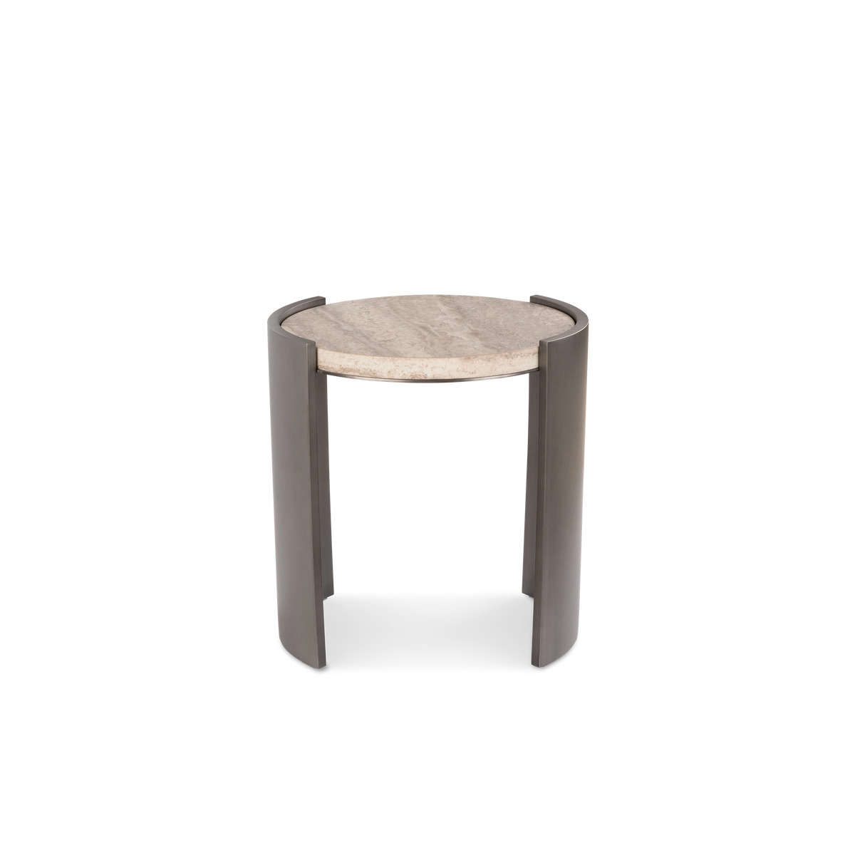 Beam Side Table shown from the front in taupe travertine and aged pewter brushed metal, with two curved panels flanking a round stone top and an open center.