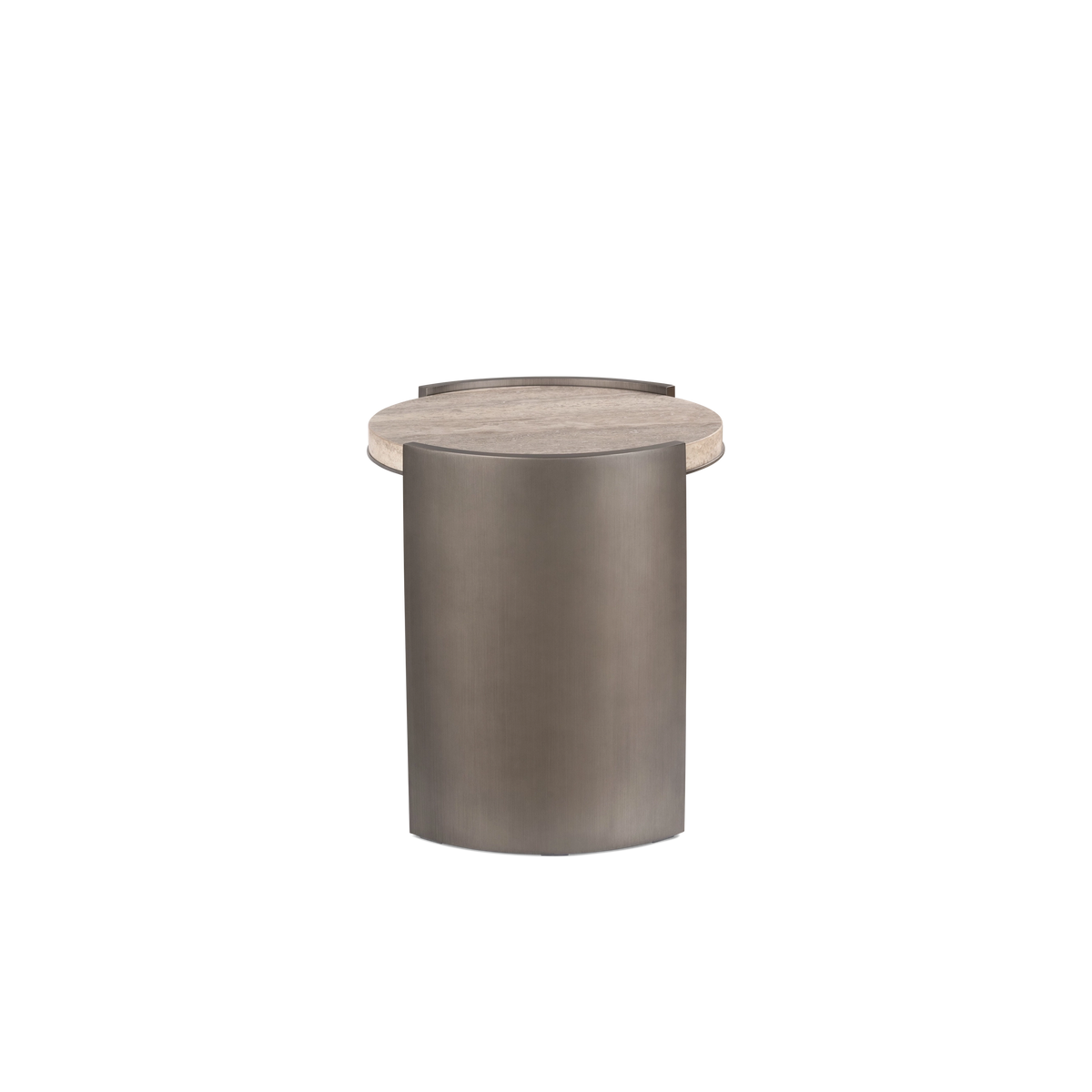 Beam Side Table shown from the front in taupe travertine and aged pewter brushed metal, with two curved panels flanking a round stone top and an open center.