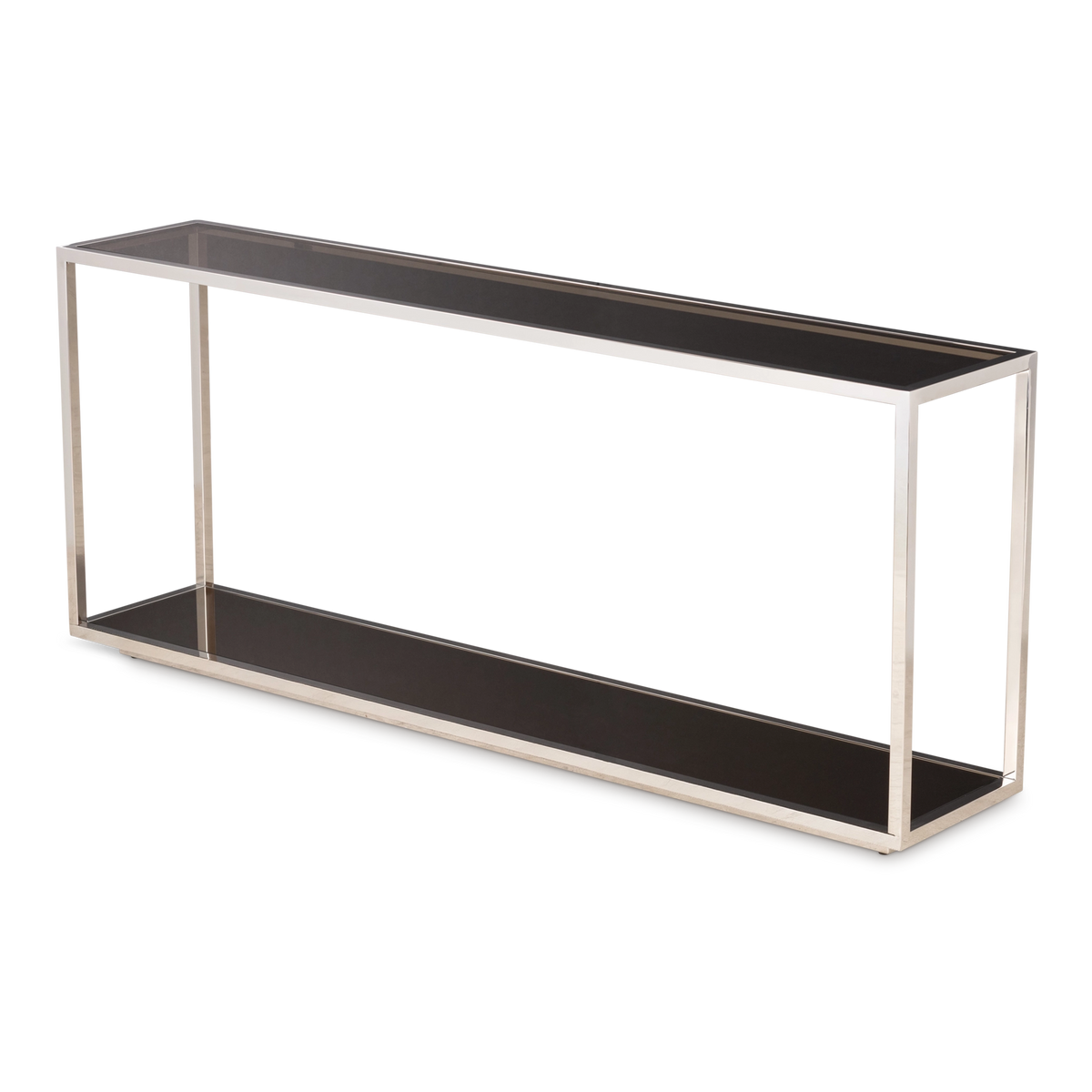 Sandro Console Table in Polished Steel from a slightly different angle, showing the reflective smoked shelf, the slim steel legs, and the low base underneath.