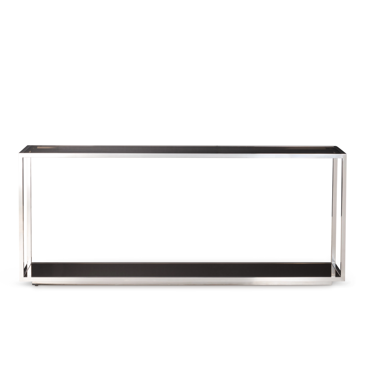 Sandro Console Table shown from the front in Polished Steel, with the open frame, the smoked glass top, and the mirrored lower shelf running the full width.