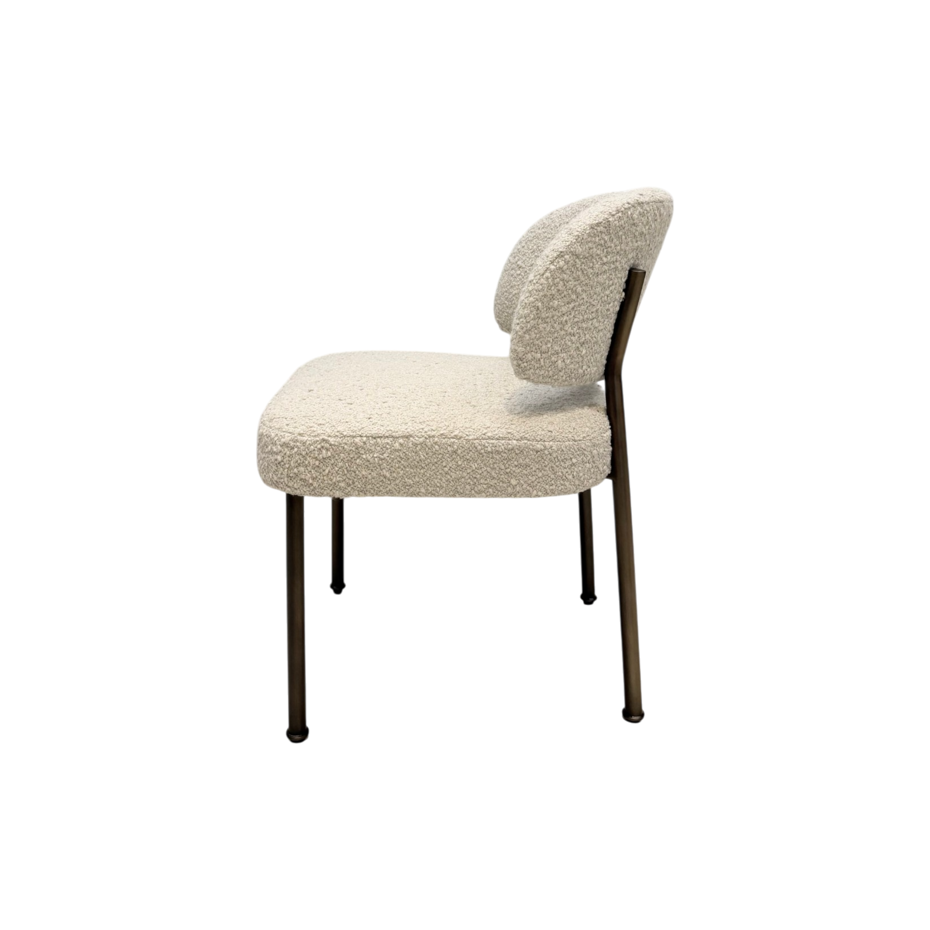 A modern dining chair with a light gray textured fabric seat and curved backrest, supported by a medium brown wooden frame with tapered legs and a curved armrest.