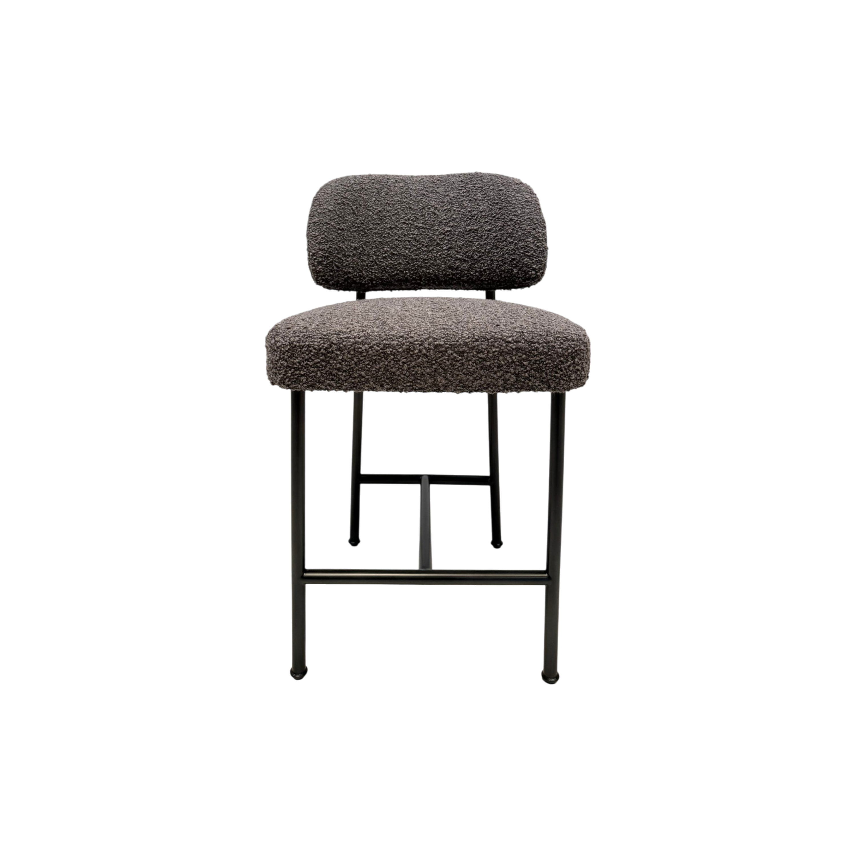 A modern bar stool with a textured boucle upholstered seat and backrest, supported by a slim black metal frame, shown against a plain white background.