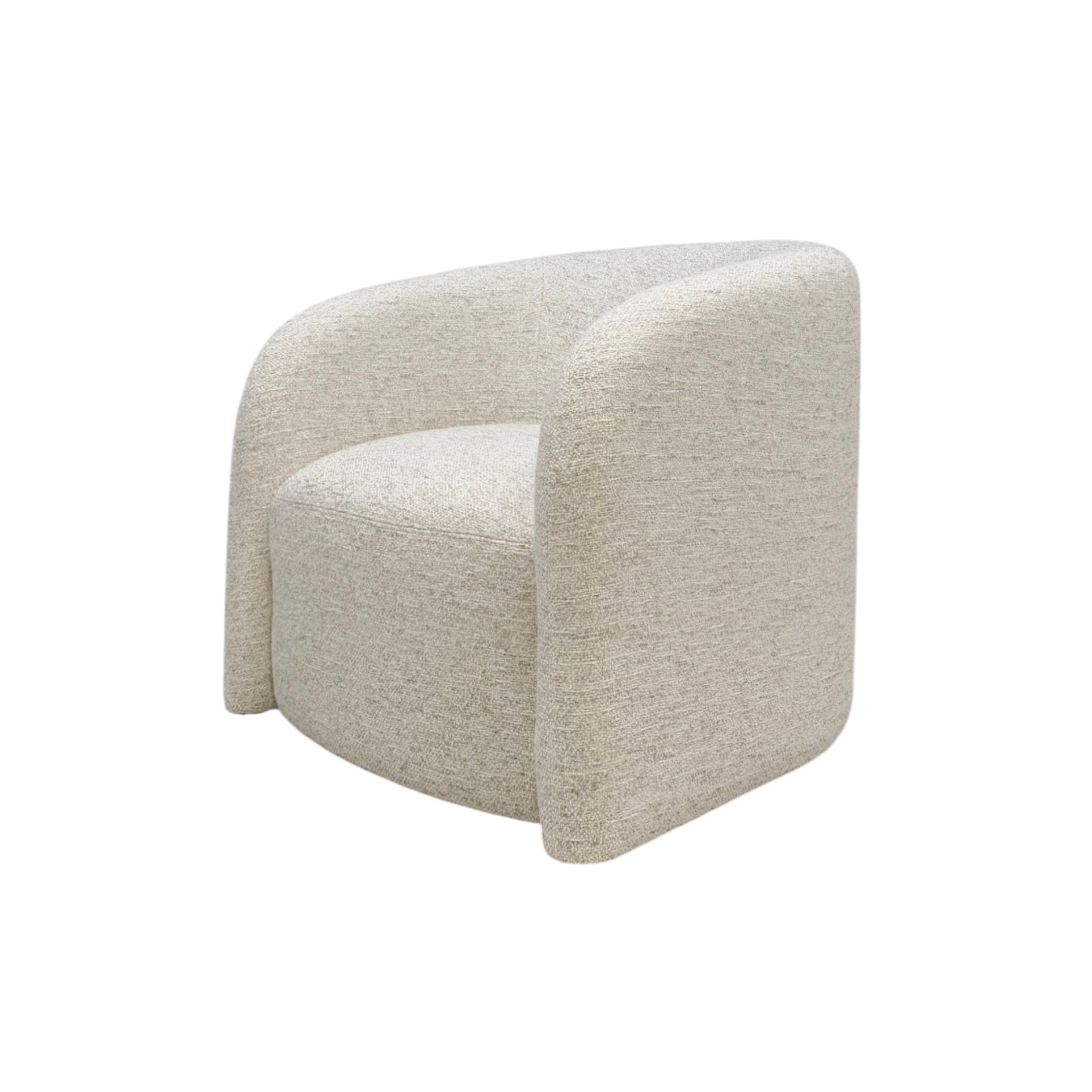Sigma Lounge Chair in Grey Oak upholstery shown from an angled front view with curved wraparound arms and rounded seat.