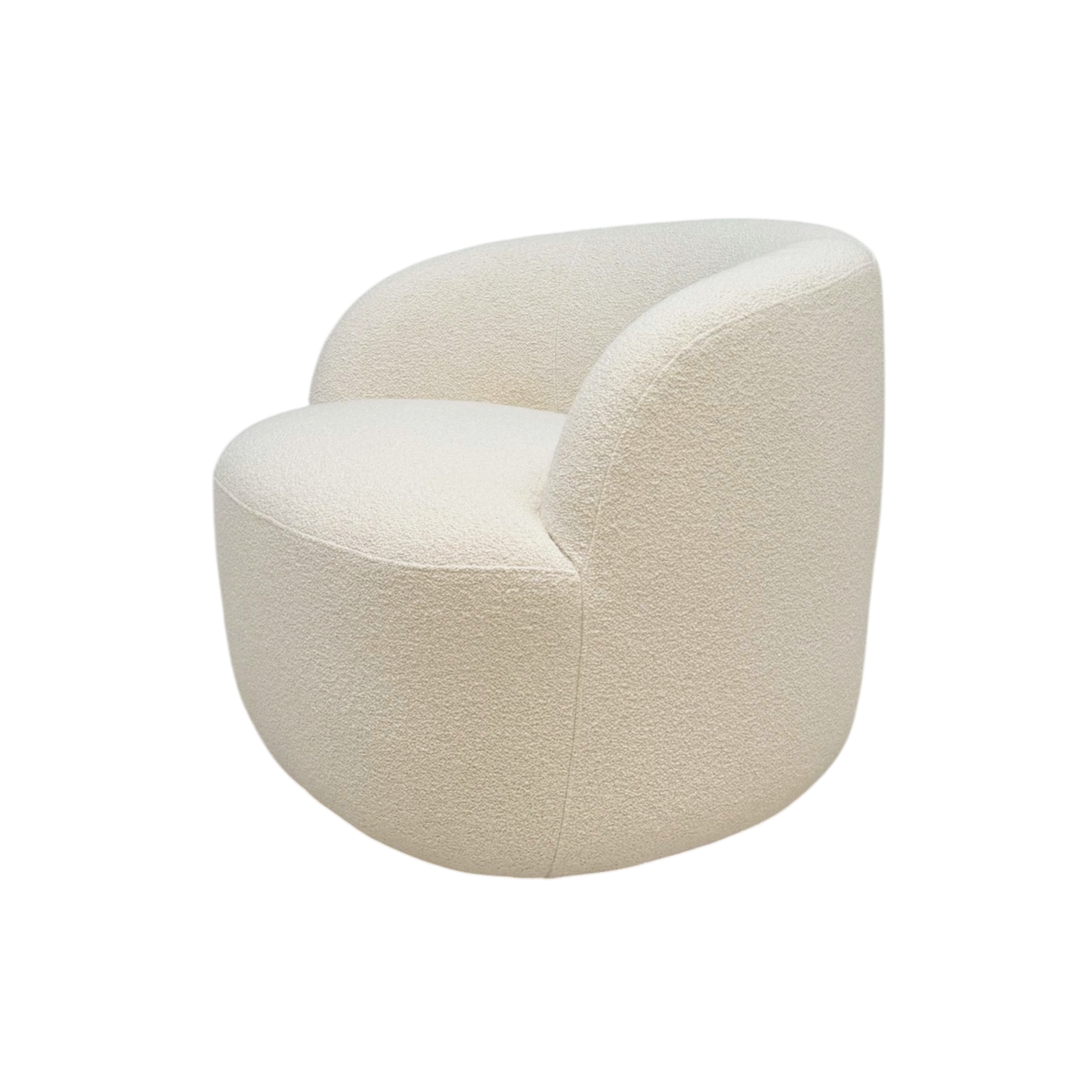 Angled front view of Arcus Swivel Chair showing its rounded seat, continuous curved back and Grey Oak upholstery.