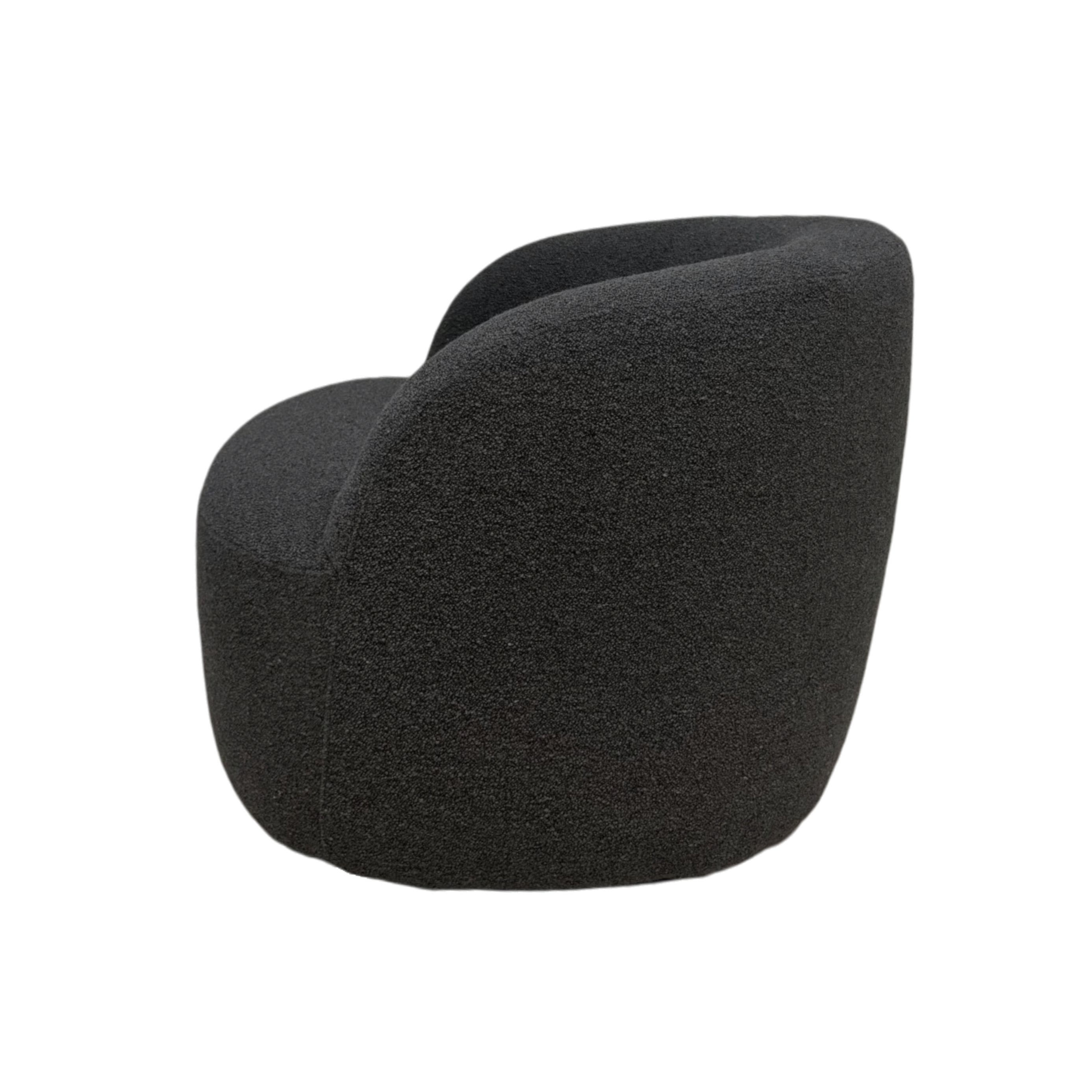 Side view of the Arcus Swivel Chair showing its continuous curved profile and softly rounded back in textured charcoal upholstery.