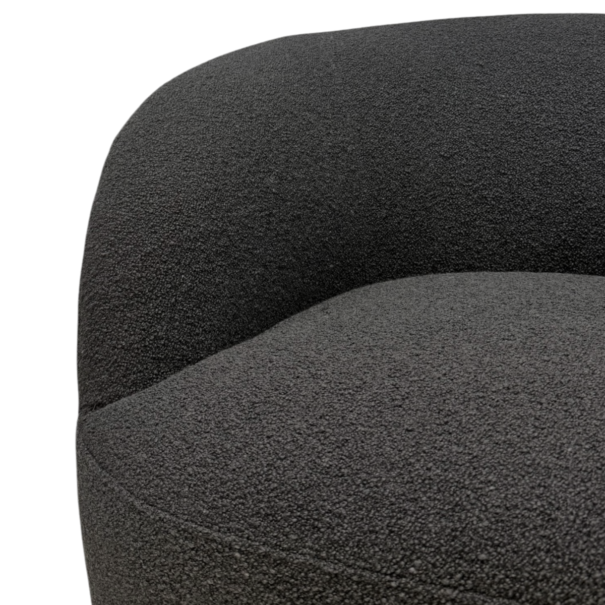 Close-up of the Arcus Swivel Chair showing the curved back, seat edge, and soft charcoal textured fabric.