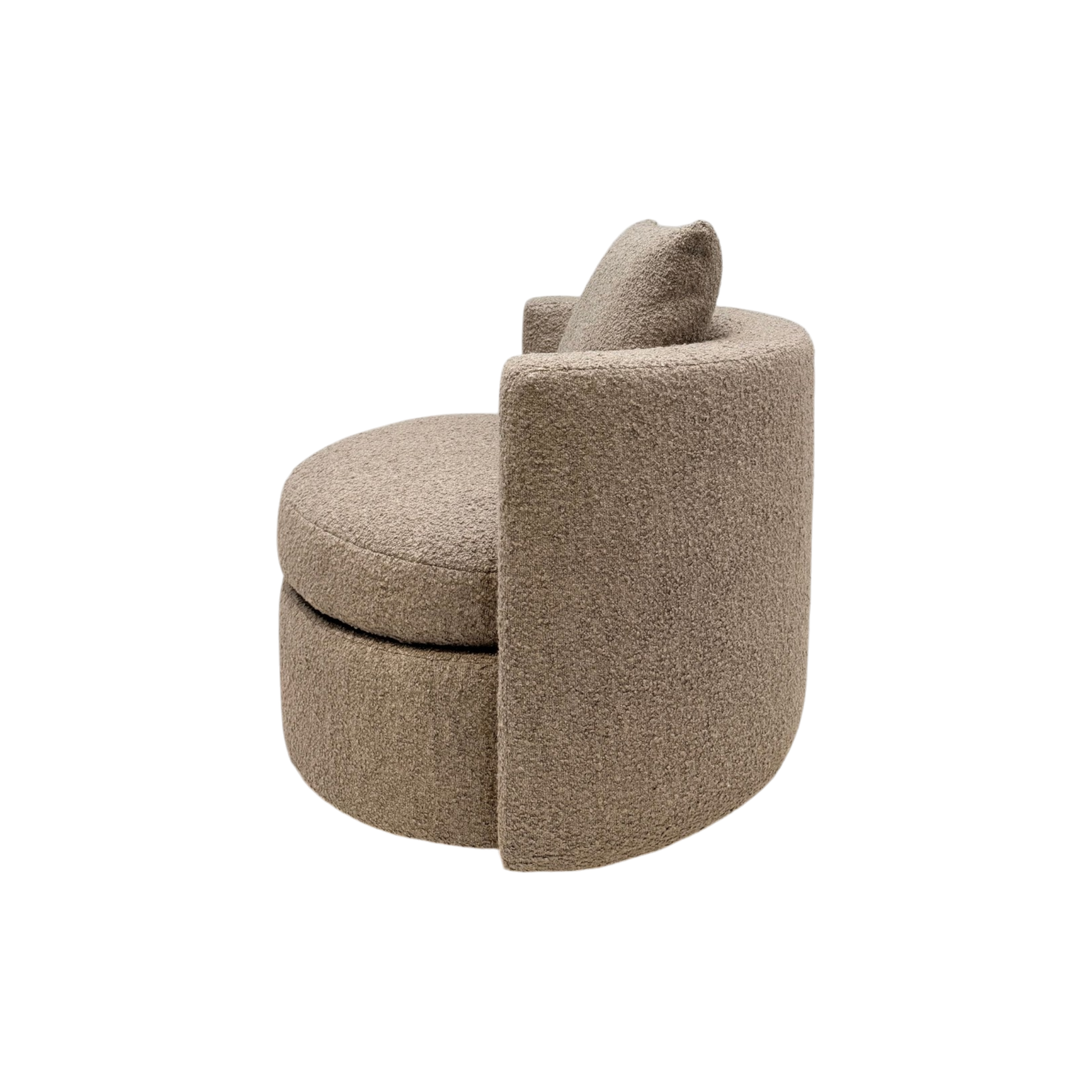 A modern round upholstered accent chair in a textured taupe fabric, featuring a circular seat cushion, a tall curved backrest, and a matching back cushion, shown against a plain white background.