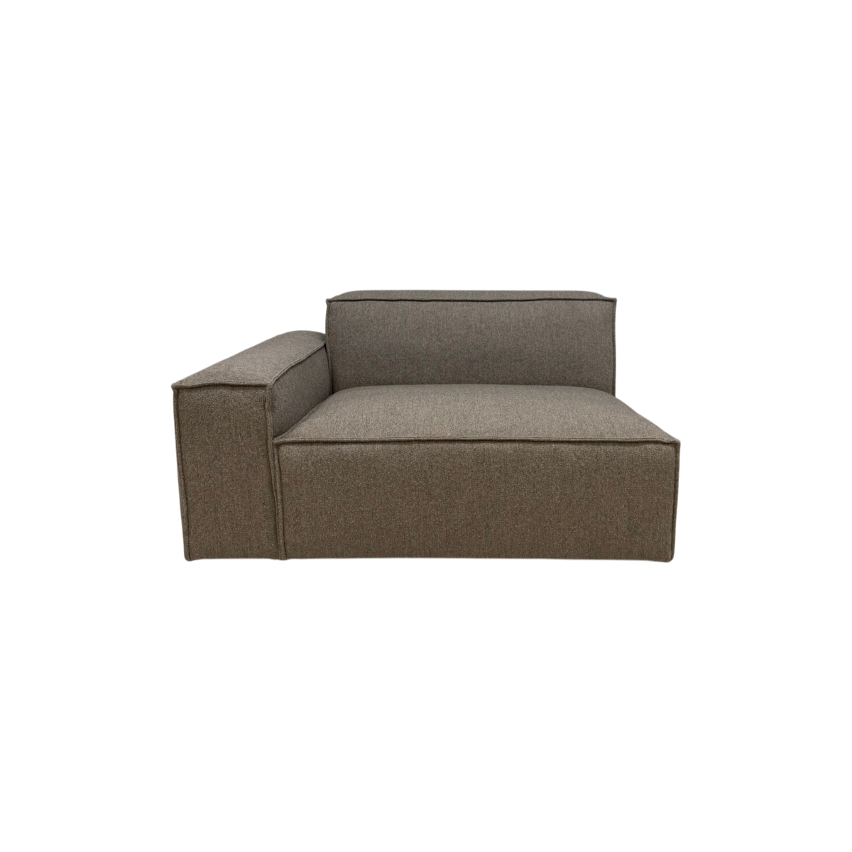 Vetro Modular LAF Chair in rich heathered brown upholstery, front view with a deep low-slung seat, cushioned back and wide left track arm.