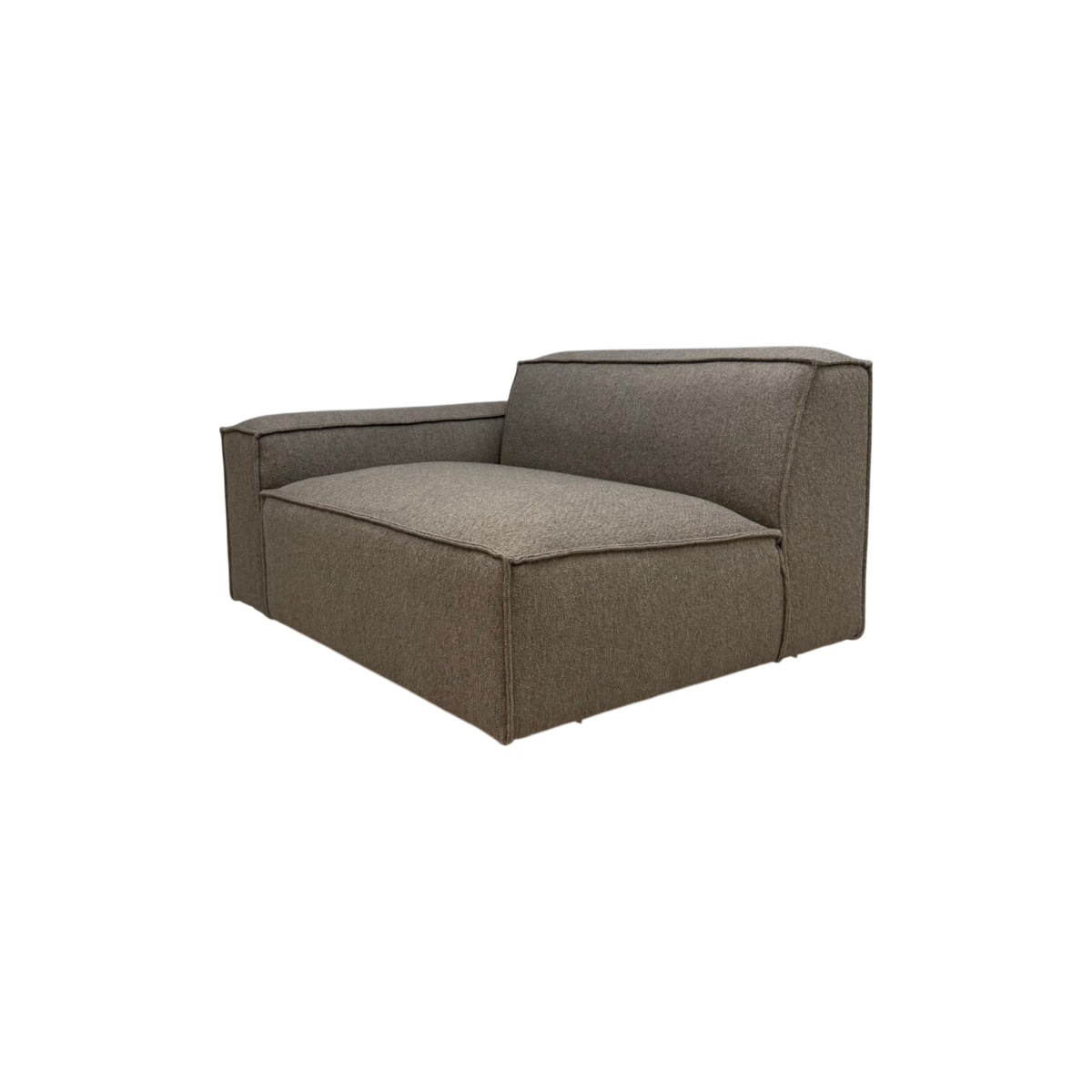 Vetro Modular LAF Chair in heathered brown woven fabric, angled front view highlighting the oversized seat, piped edges and structured left arm.