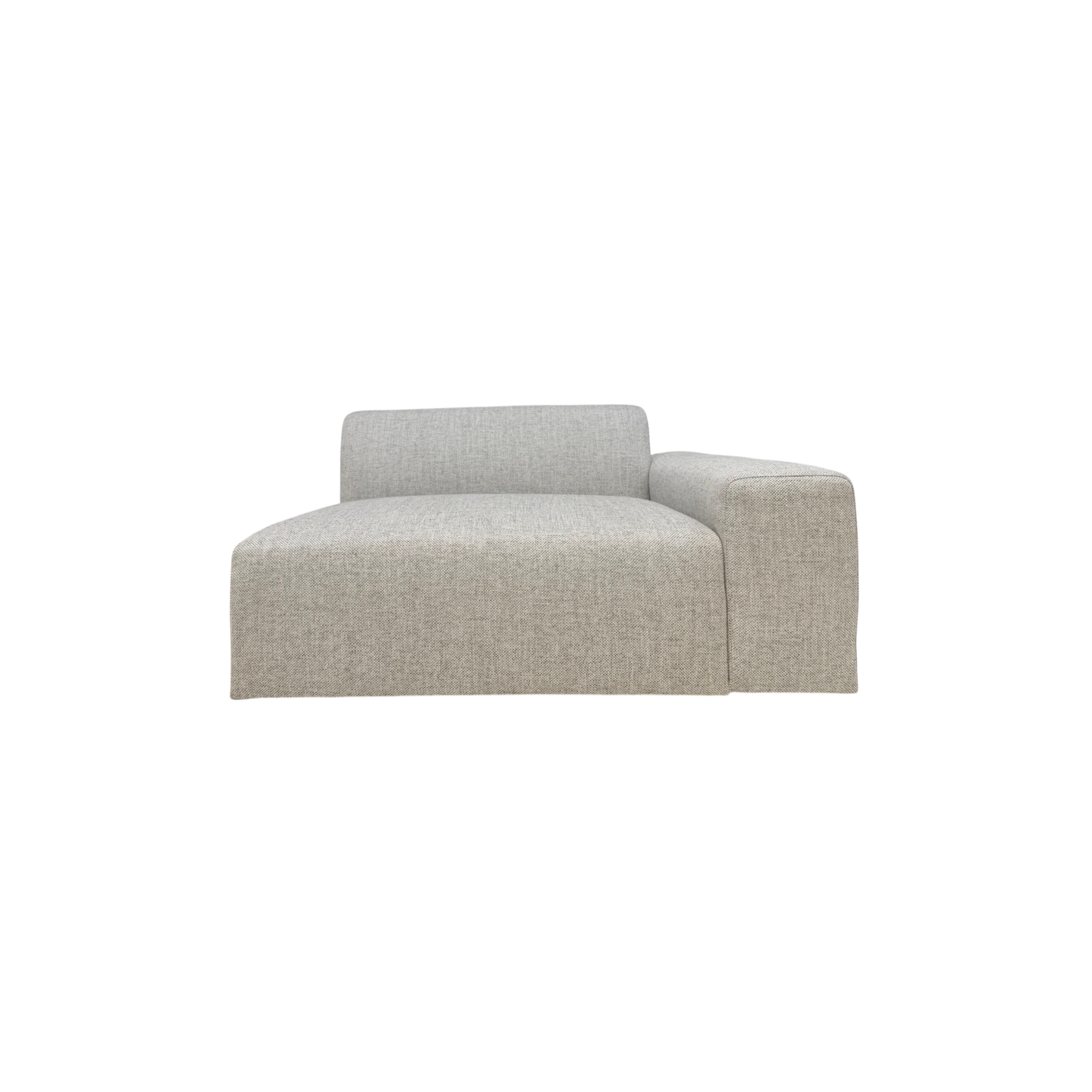 Vetro Bullnose RAF Chair in light grey woven fabric, front view highlighting the broad open seat, low back, right-side arm, and rounded bullnose edge.