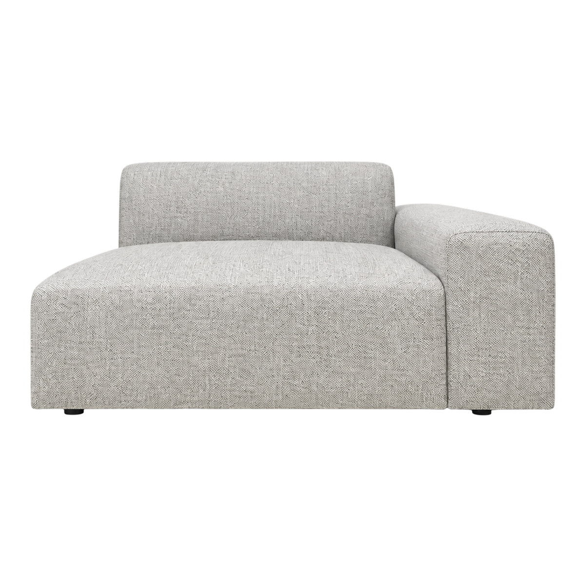 Vetro Bullnose RAF Chair in heathered gray basketweave, front view showing the broad open seat, low back, right-side arm, and rounded bullnose edge.