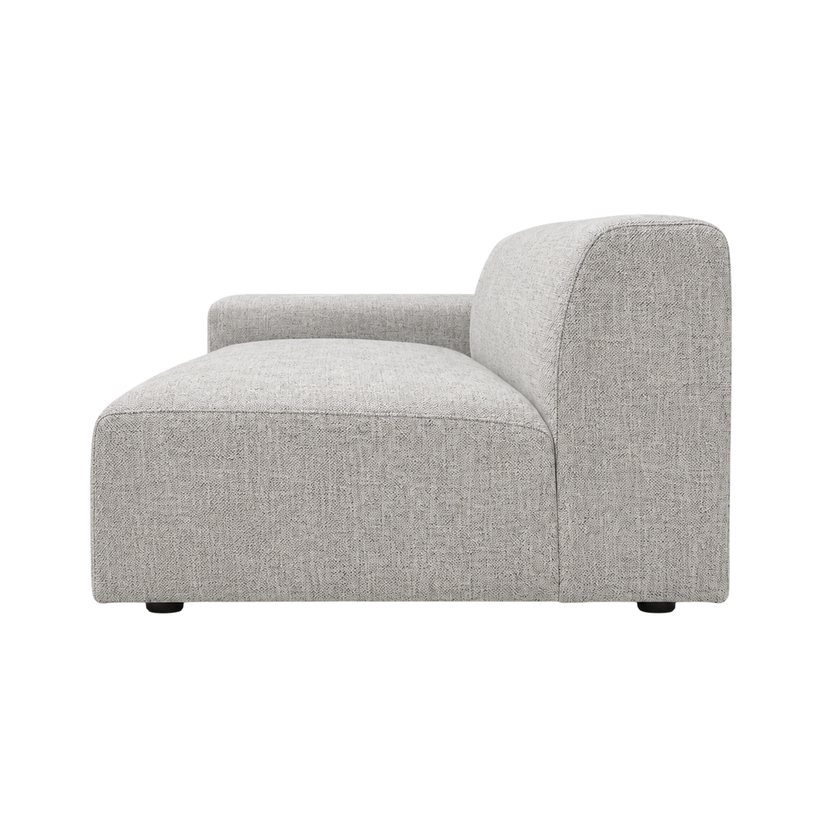 Vetro Bullnose LAF Chair in heathered gray basketweave, angled view highlighting the open connecting end and low-slung profile.