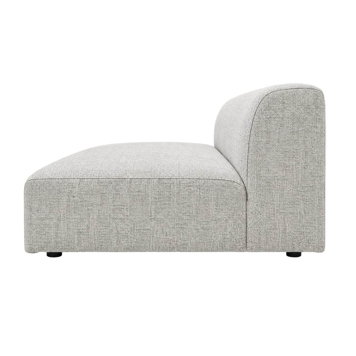 Vetro Bullnose Armless Chair in heathered gray basketweave, side view showing the wide seat, single back cushion, and open ends on either side.