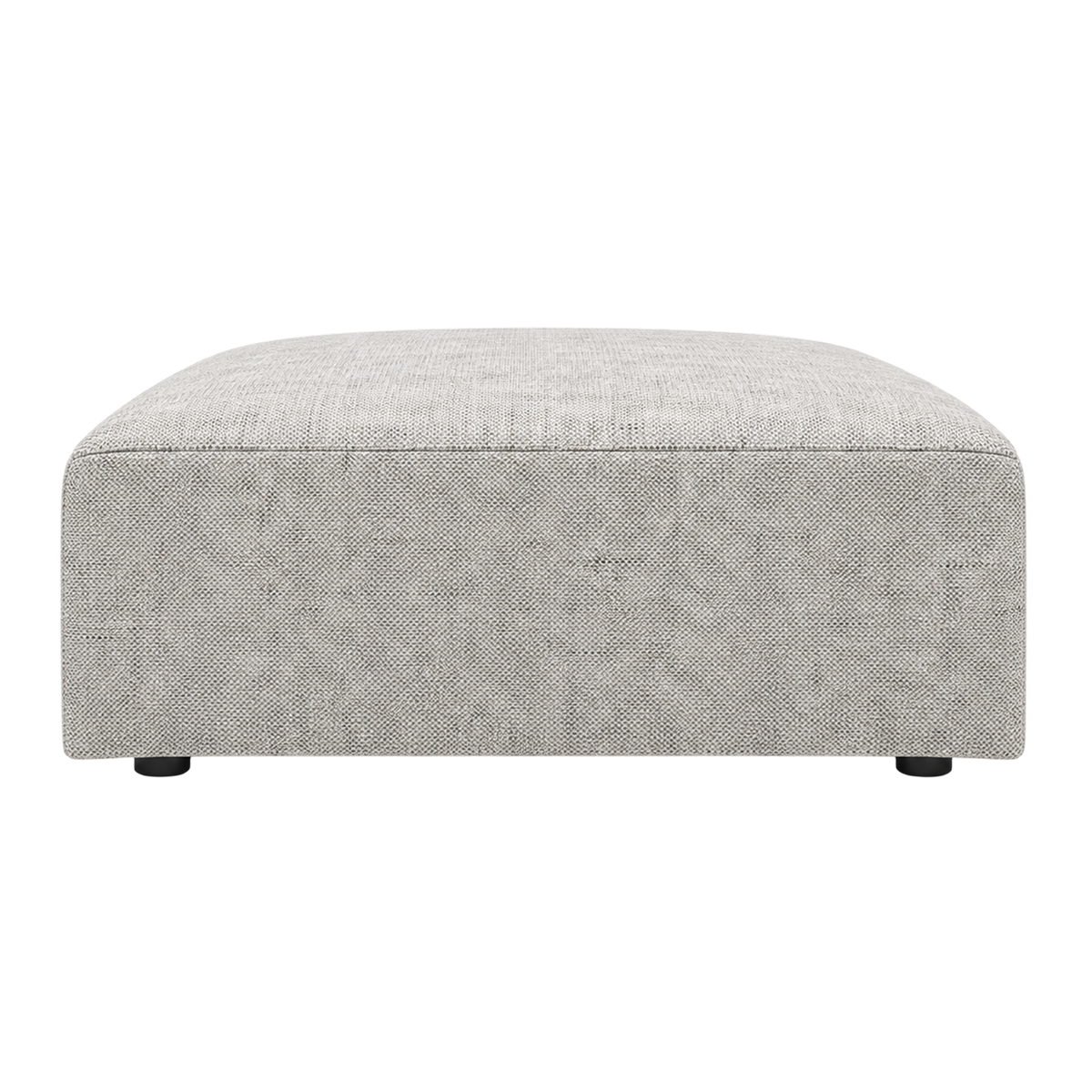 Vetro Bullnose Ottoman in heathered gray basketweave, front view highlighting the broad cushioned top and rounded bullnose profile.