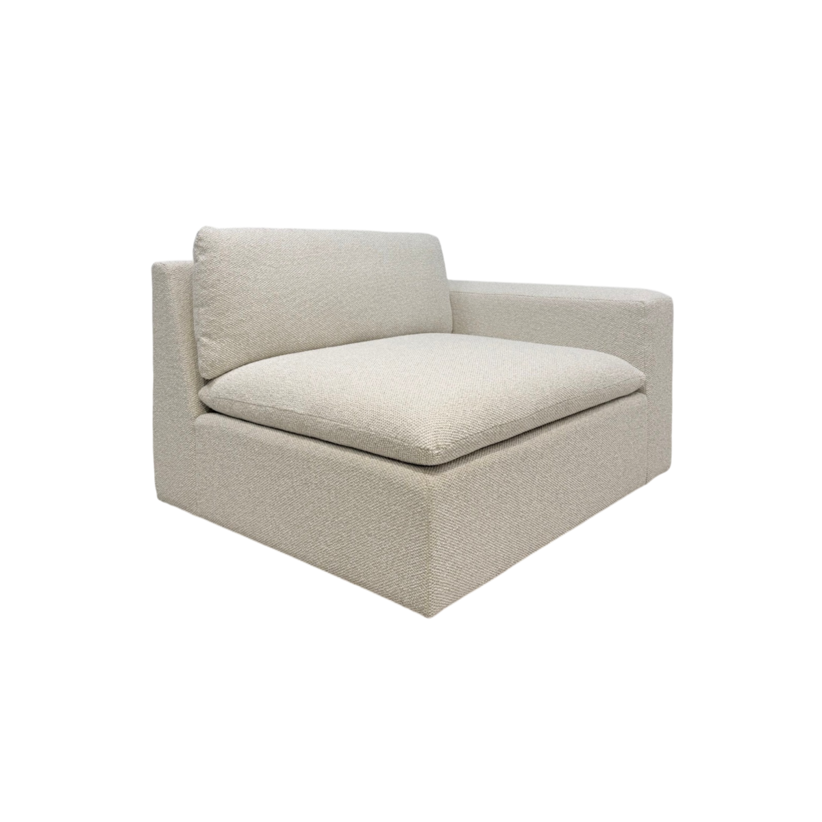Tempo Modular RAF Chair in a three-quarter view with ivory textured upholstery, a generous oversized seat cushion, and a right-arm-facing modular design.