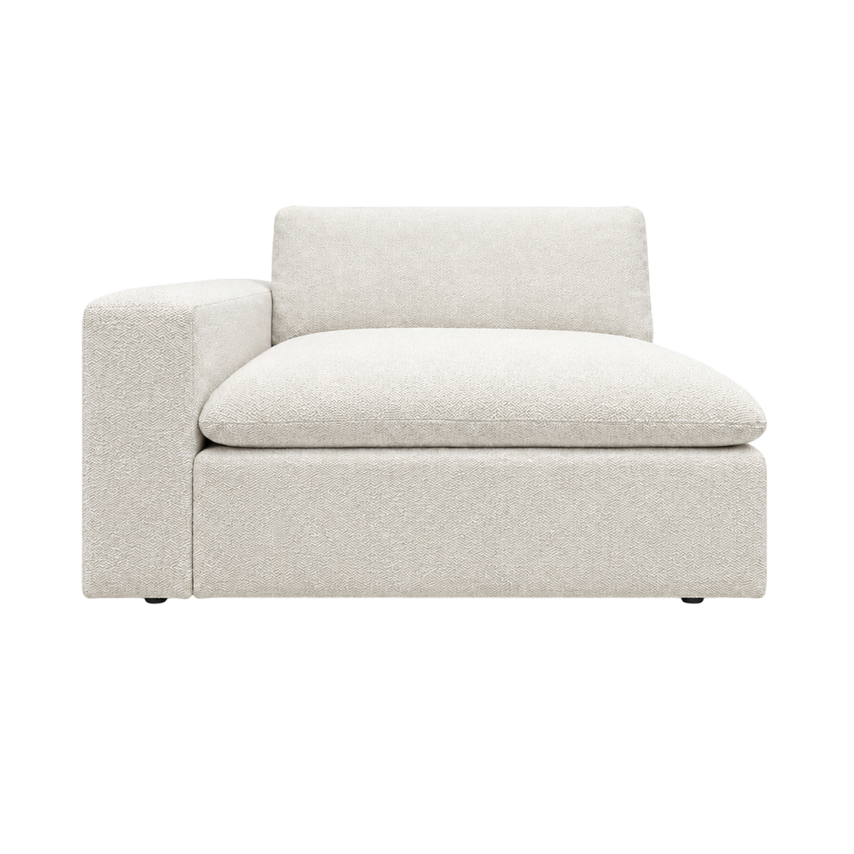 Tempo Modular LAF Chair in heathered greige textured upholstery, front view with a wide left arm, a plump oversized seat cushion, a loose back cushion and a boxy base.