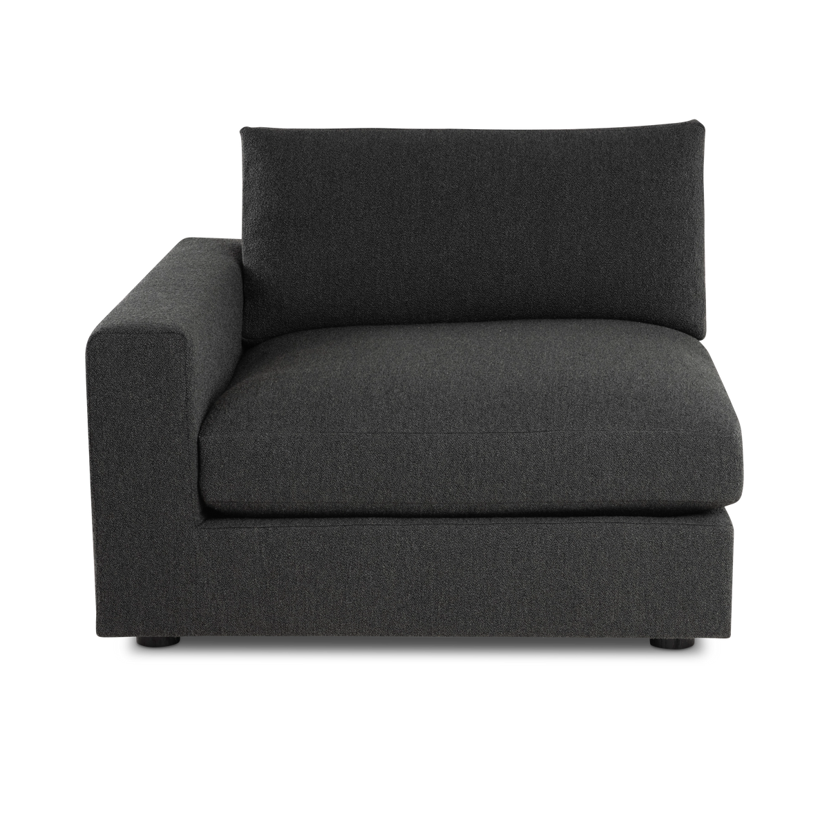 Colonna Modular LAF Chair shown from the front in charcoal bouclé upholstery, with the plush seat cushion, the rectangular back cushion, and the low round feet visible beneath the base.