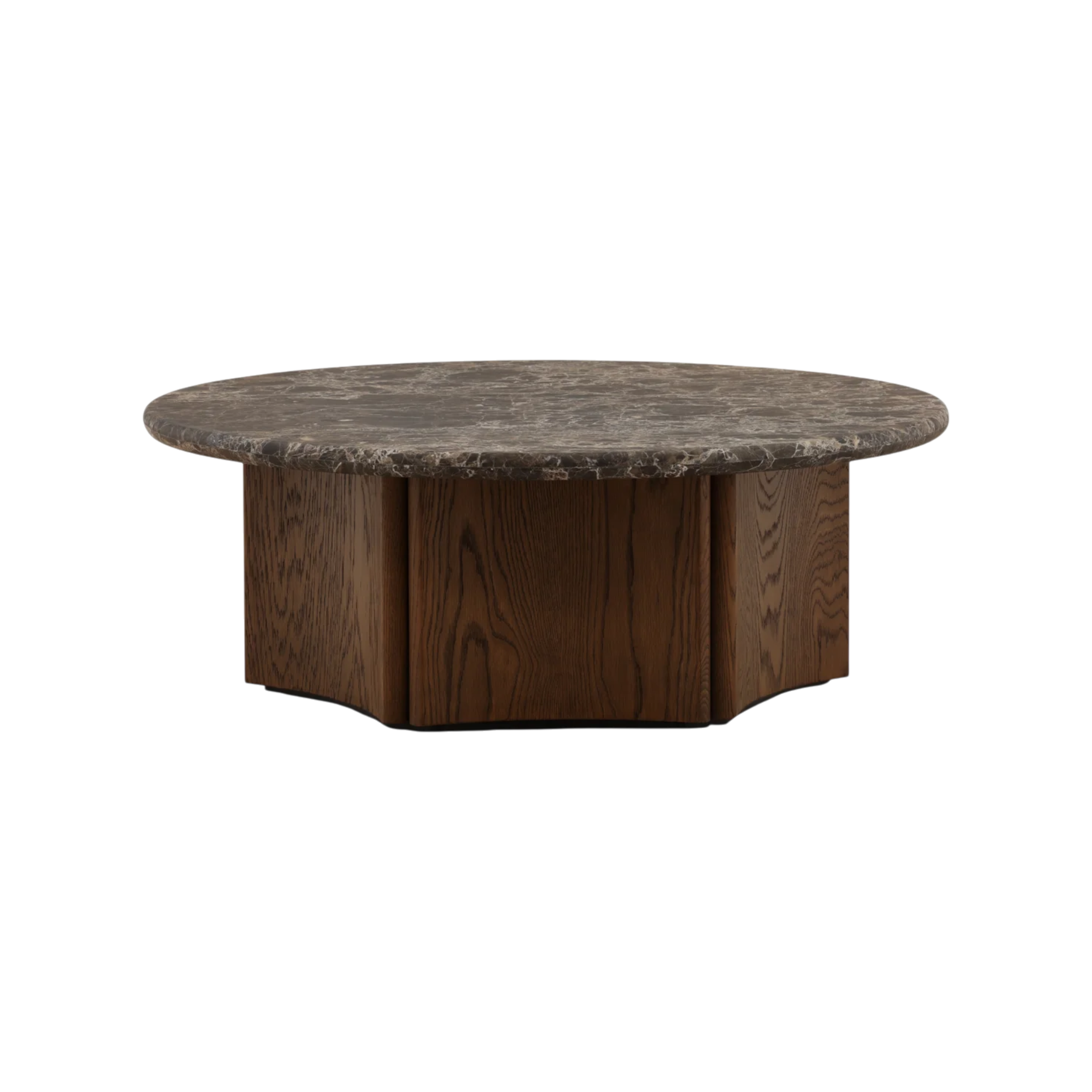 Aldridge Coffee Table with round dark marble top and sculptural faceted wood base in a warm brown finish.