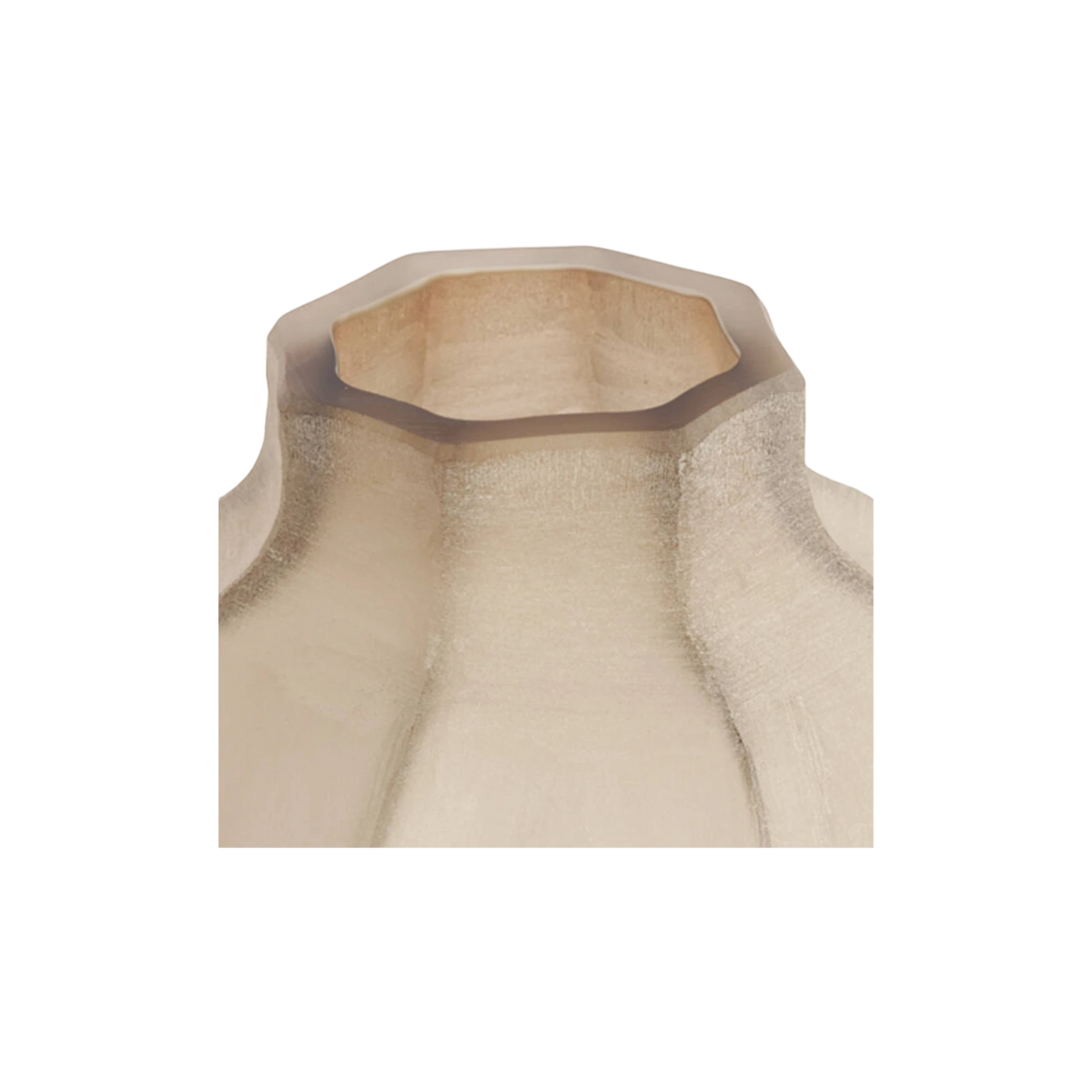 Close-up showing the faceted rim of the frosted taupe glass vase, with a soft translucent edge and a warm, slightly deeper tone inside the neck.