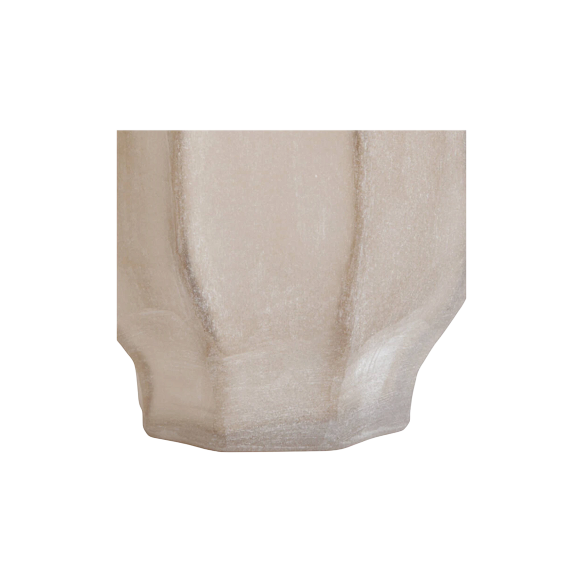 Close-up highlighting the faceted rim and shoulders of the frosted taupe glass vase, with a glossy sand-toned interior visible through the opening.