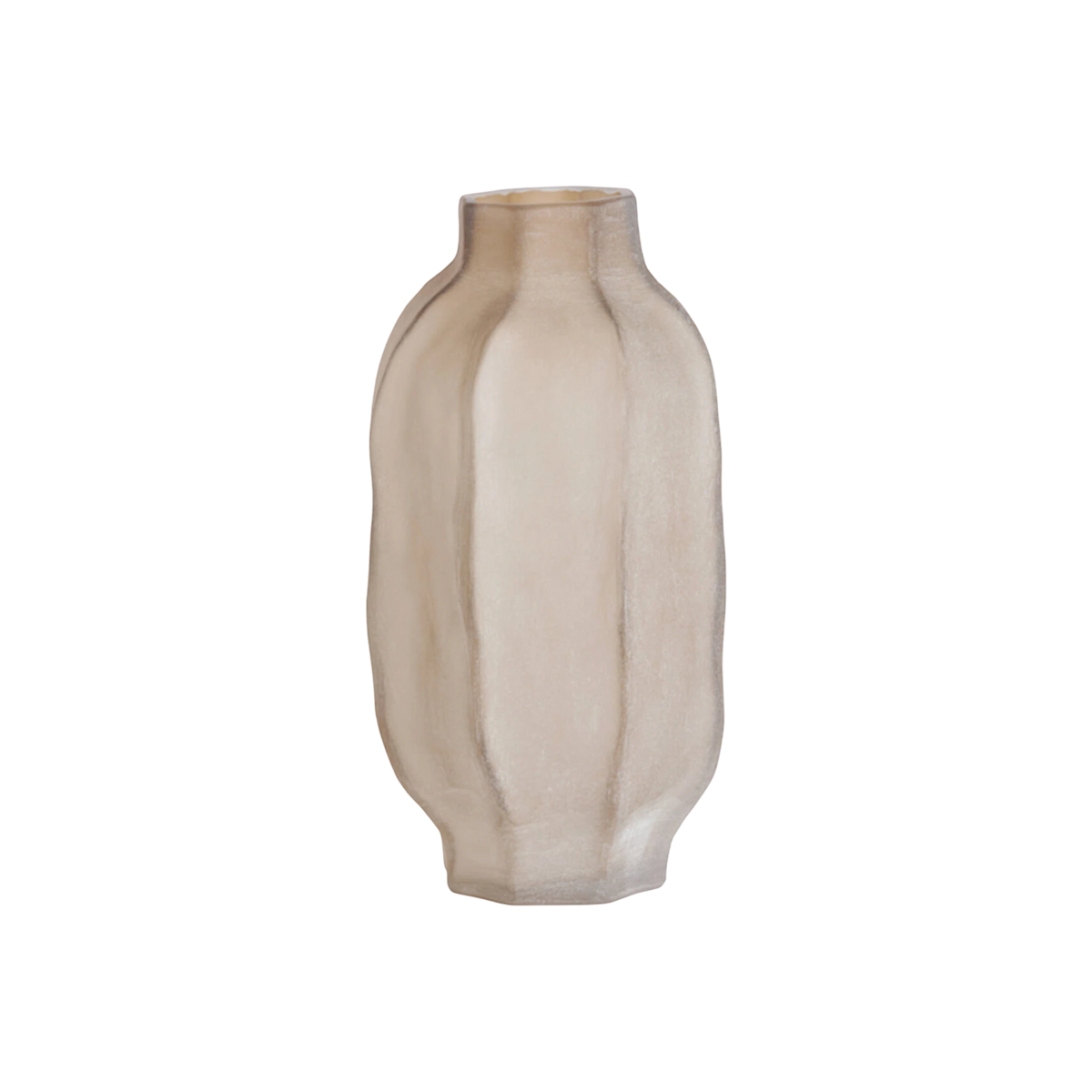 Medium lobed glass vase in frosted taupe with a matte, finely grained surface, shown from the front with tall vertical ribs, a short faceted neck, and a gently pinched foot.