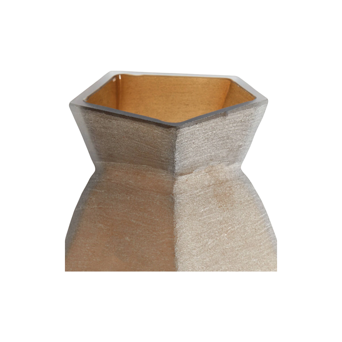 Close-up highlighting the pentagonal rim of the smoked taupe glass vase, with a glossy amber interior and a pinched, faceted neck.