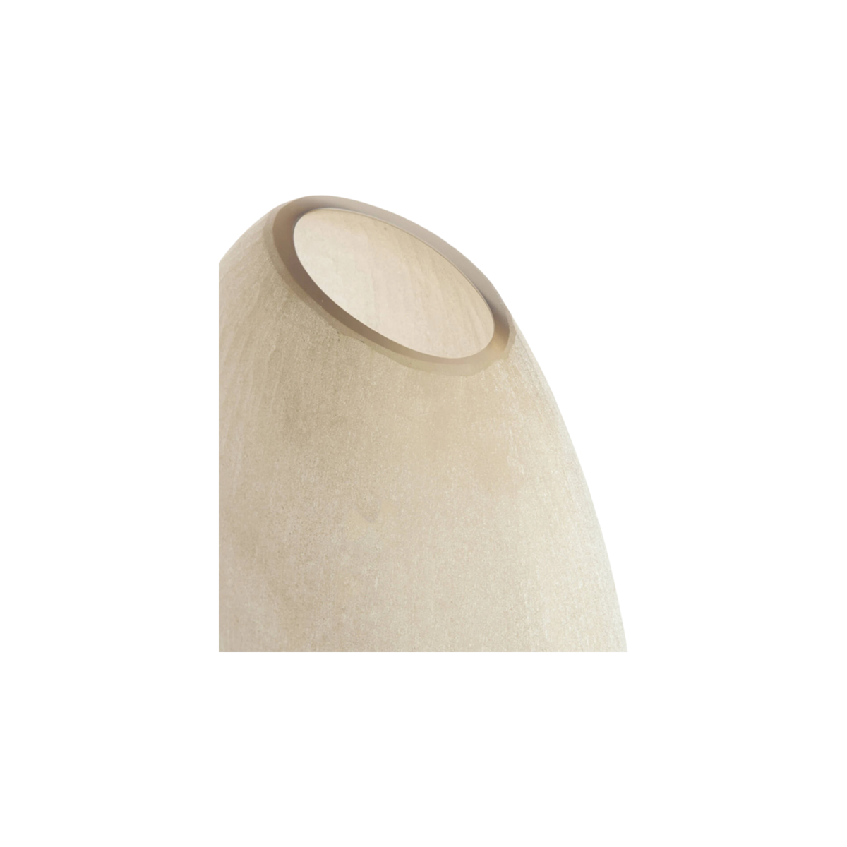 Close-up showing the rim of the Globe Glass Vase in warm greige frosted glass, with a thick, smooth taupe lip, a glossy interior, and brushed vertical texture with mottled tan tones.