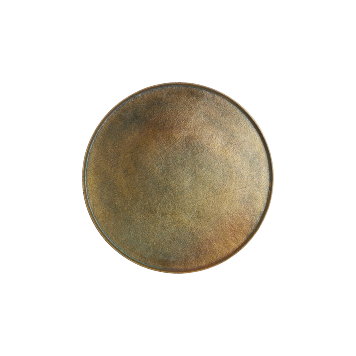 Top-down view of the Russell Tray Round Medium in antiqued brass, with a shallow circular well, cloudy patina shifting from gold to olive and copper, and a finely grainy texture
