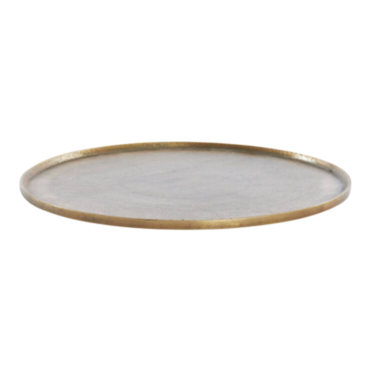 Russell Tray Round Large in antiqued brass, shown from a low side angle, with a slim raised rim, a smooth grey-taupe metal surface, and a worn gold edge.