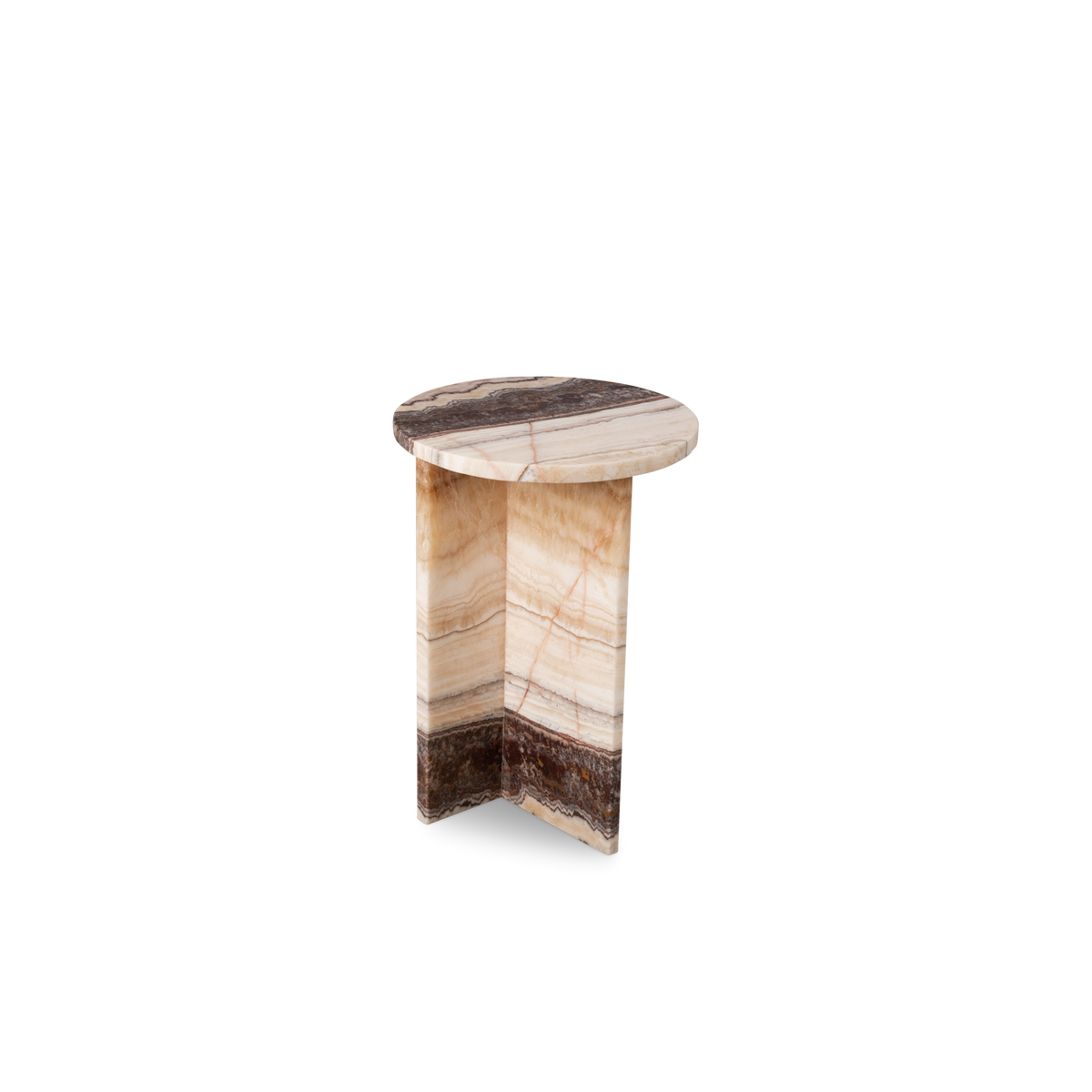 Onyx Side Table angled view highlighting the open V of the slab base in Pink Serpentine stone, with honey-toned layers and a brown band near the foot.