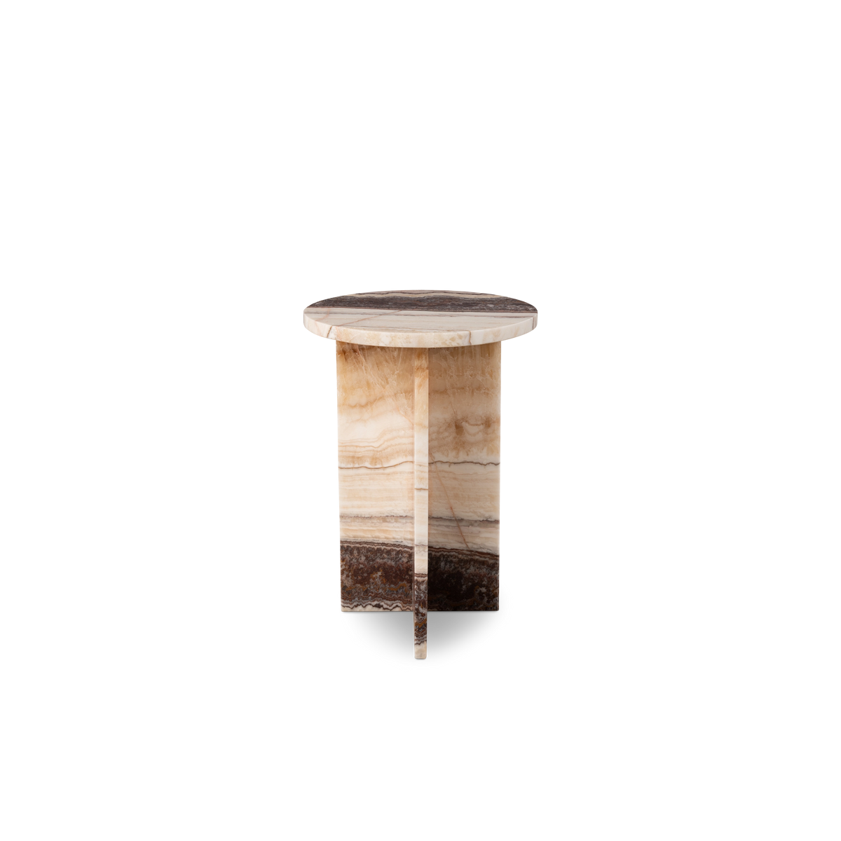 Onyx Side Table shown straight from the front in Pink Serpentine stone, with the center slab dividing the base and horizontal banding running up from the brown foot.