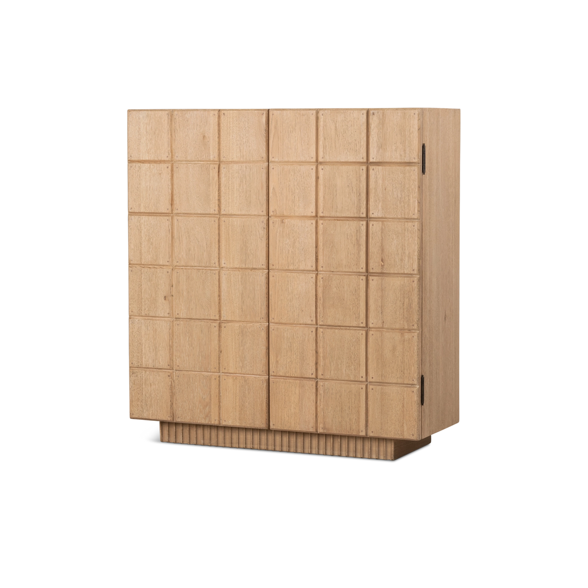 Rosedale Cabinet angled from the front in light tan oak, highlighting the raised grid door panels, dark metal hinges, and fluted plinth base.