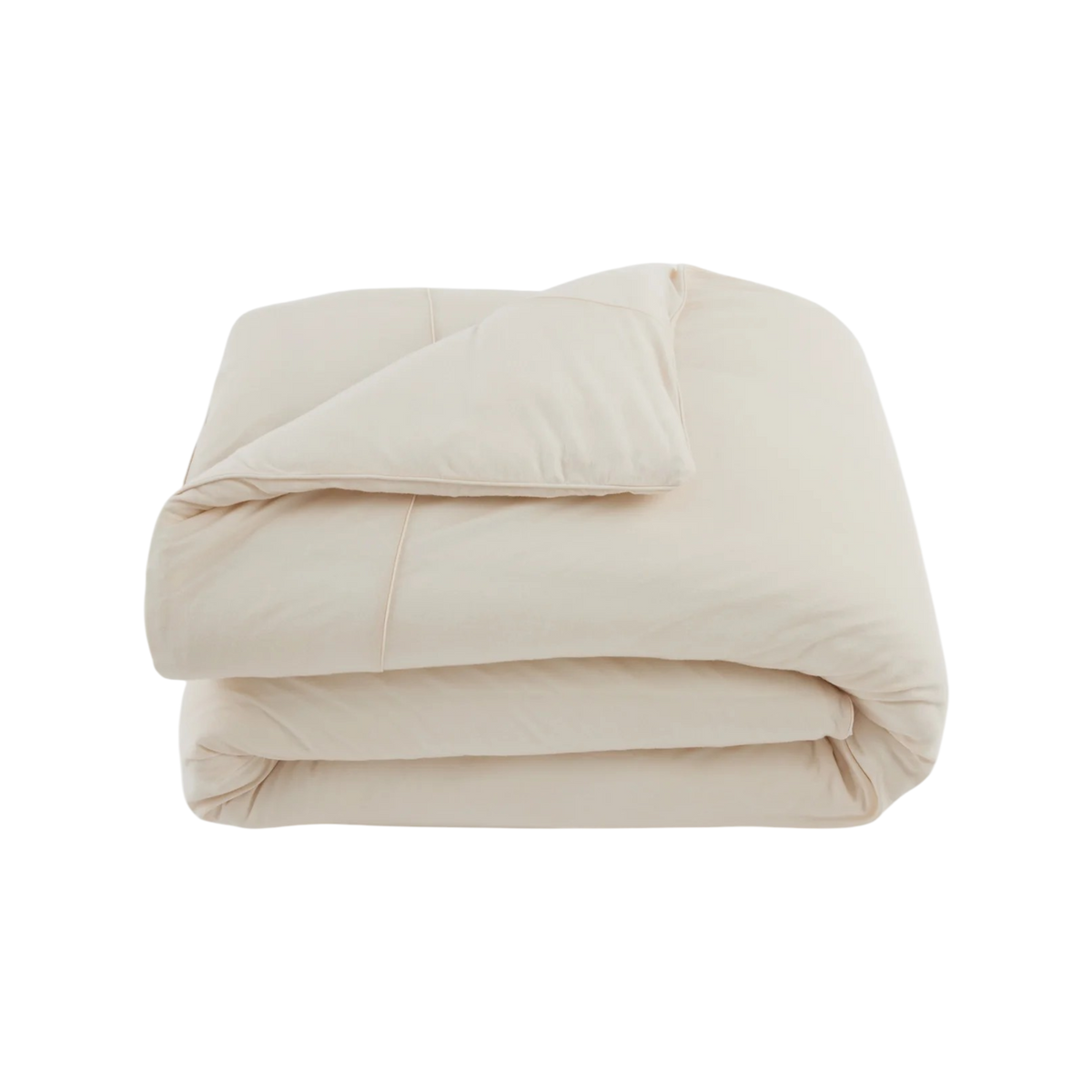 Merino Duvet Cover Queen Ivory, folded ivory merino wool and bamboo jersey duvet cover with soft drape, tailored stitching and self-fabric piping.