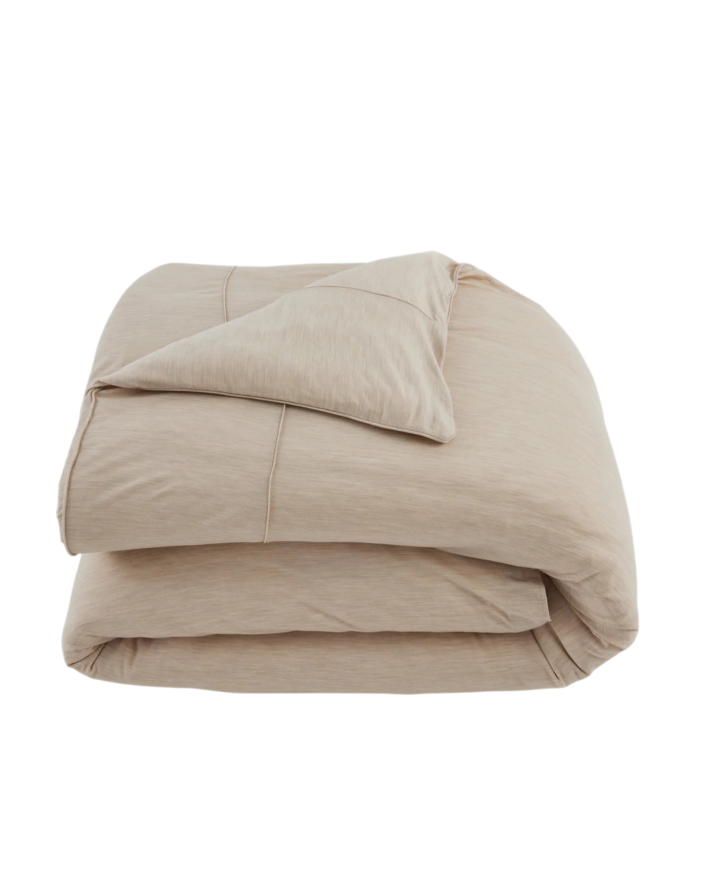 Merino Duvet Cover Queen Sand, folded ivory merino wool and bamboo jersey duvet cover with soft drape, tailored stitching and self-fabric piping.
