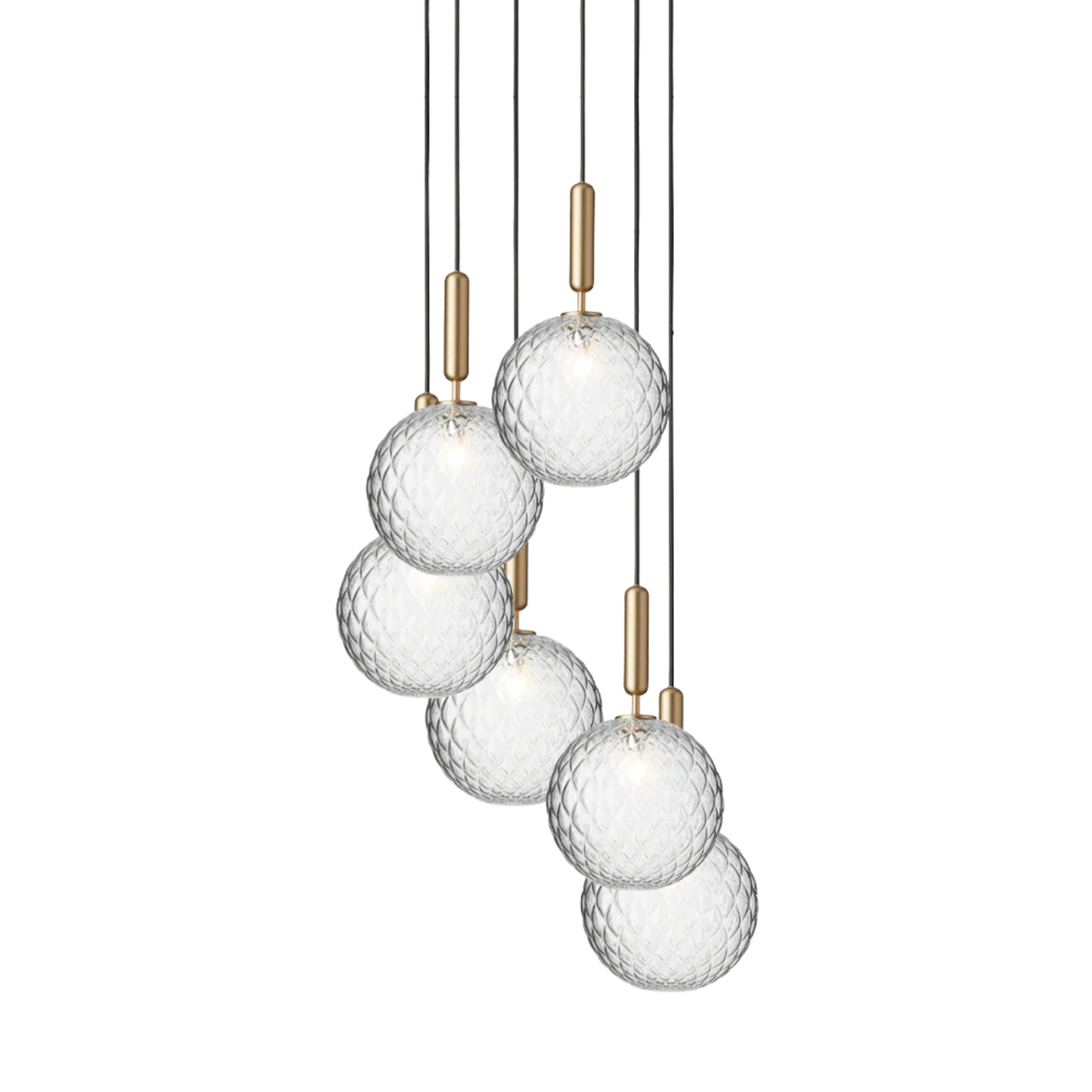 Miira 6-light brass chandelier with six staggered mouth-blown optic glass globes, a modern luxury pendant cluster ceiling light for dining rooms, stairwells, and contemporary interiors.