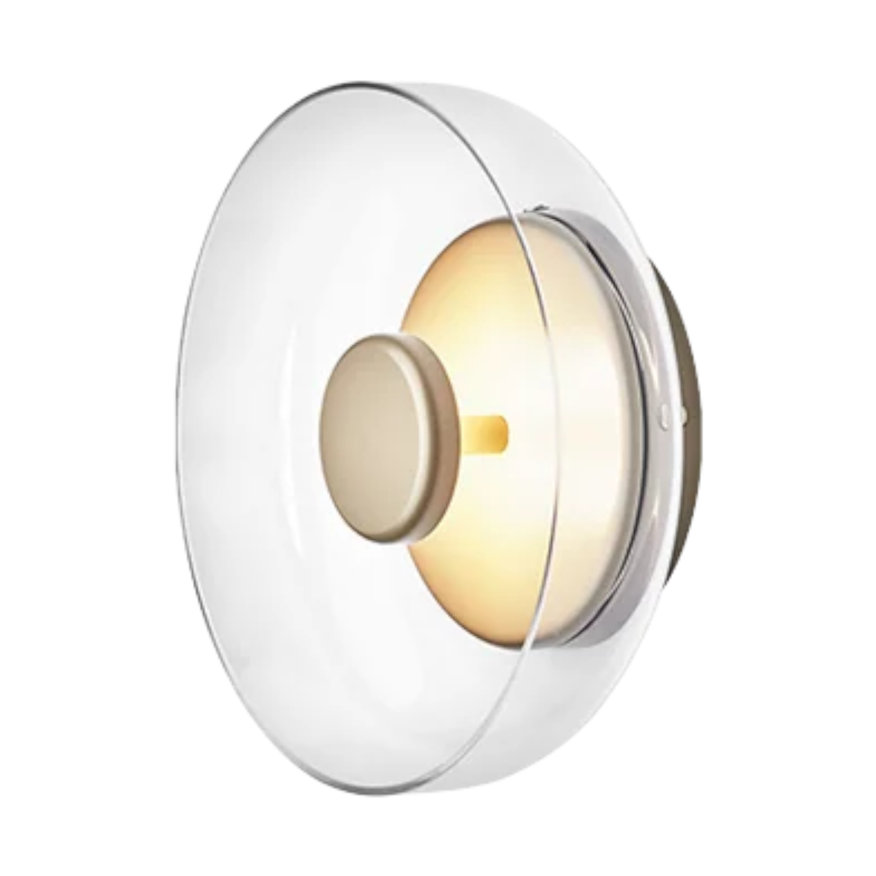 Blossi Wall Light Gold/Clear angled view showing the curved clear glass disc, gold-tone centre detail and compact wall-mounted profile.